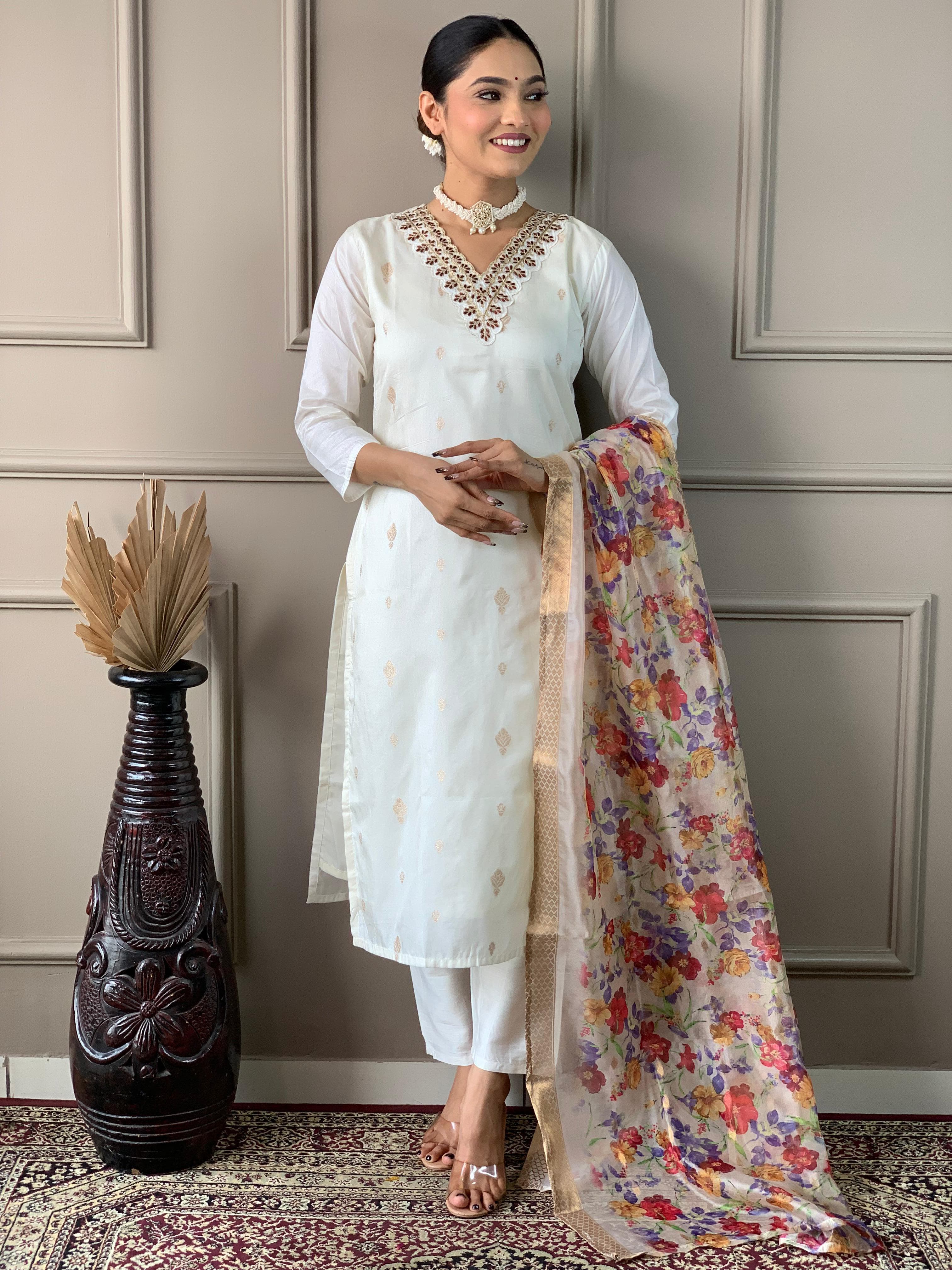 Elegant White Kurta Set with Floral Dupatta for Women - Traditional Indian Ethnic Wear for Holi Festival, Diwali, Weddings & Special Occasions