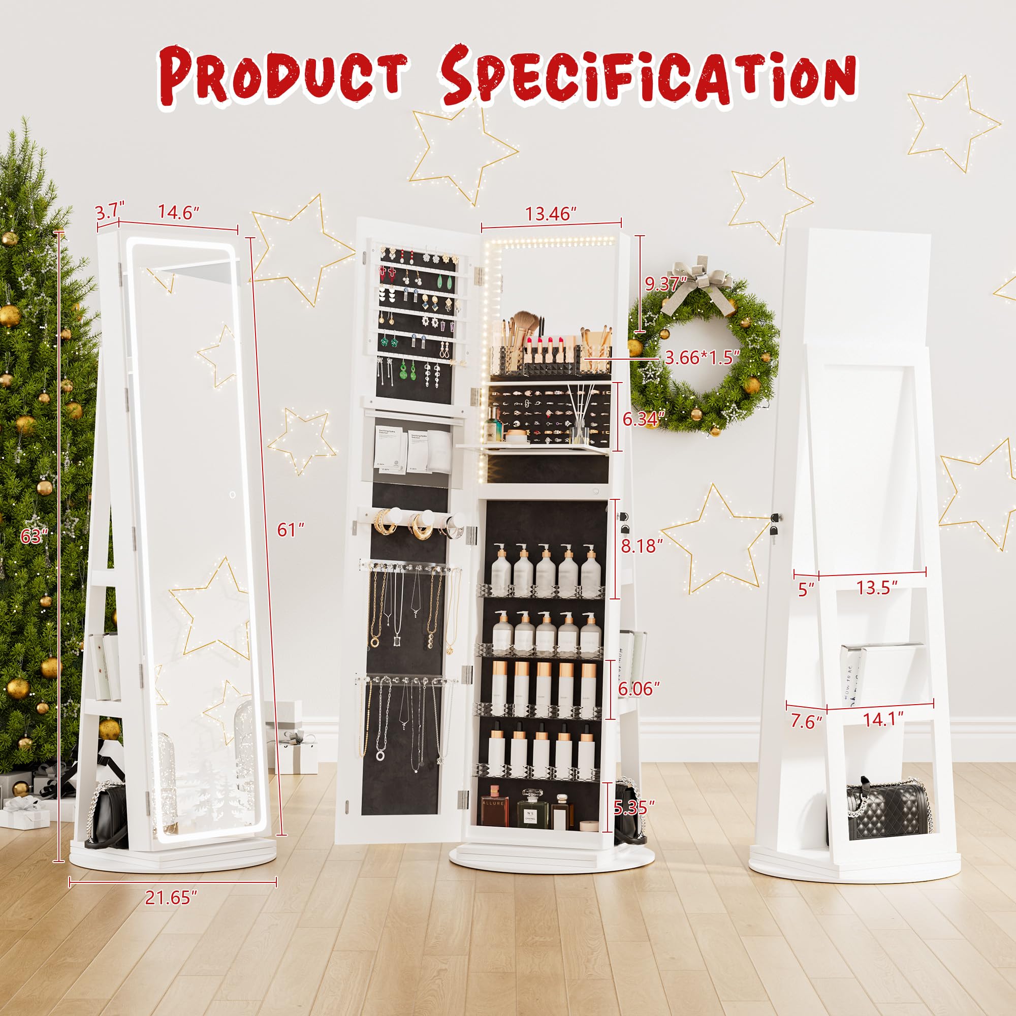 NUNU LAB LED Mirror Jewelry Cabinet Standing - Full Length Adjustable LED Lighted Jewelry Armoire with 360° Swivel, Lockable Storage Organizer (White) | Perfect for Bedroom Vanity, Dressing Room & Closet Organization
