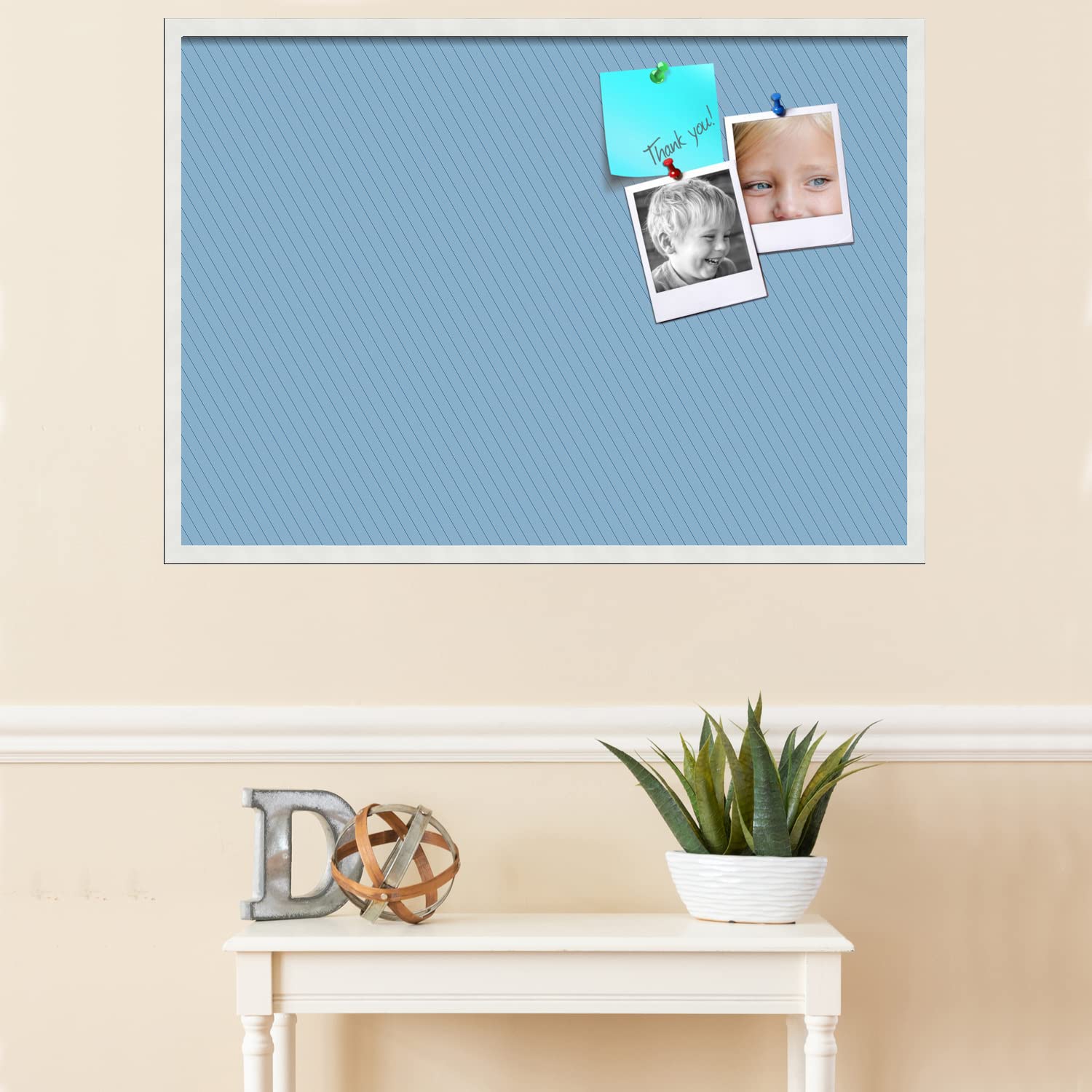 PinPix 40x28 Inch Navy Stripes Cork Bulletin Board with Satin White Frame - Decorative Wall Pin Board for Home Office School Classroom Organization & Memo Display