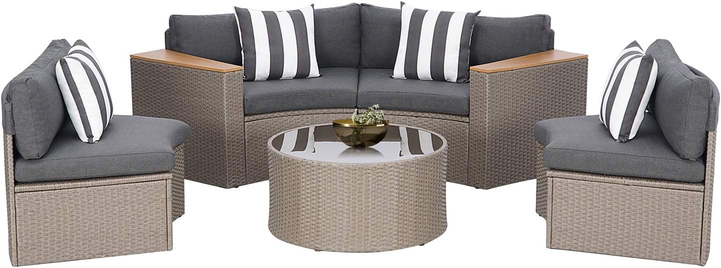 SUNCROWN 5-Piece Outdoor Half Moon Sectional Sofa Set with Round Table & Thick Cushions - All-Weather Wicker Patio Furniture for Garden, Backyard, Poolside (Dark Grey) | Perfect for Outdoor Entertaining & Relaxation