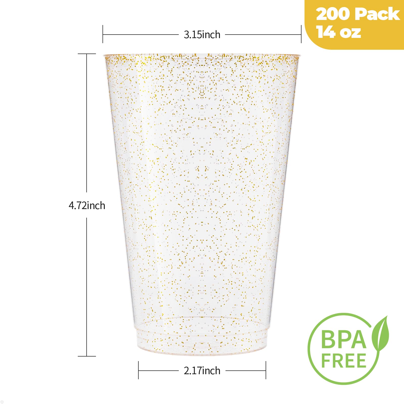 Goodluck 14 oz 200-Pack Gold Glitter Plastic Cups - Disposable Sparkling Party Cups for Cocktails, Weddings, Birthdays & Holidays - Elegant Drinkware for Celebrations & Special Events