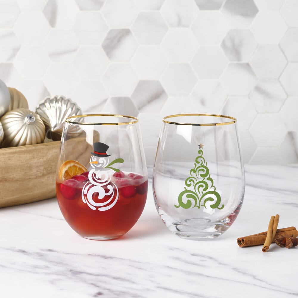 Stemless Wine Glasses Set of 2 - Christmas Tree and Snowman Design for Holiday Parties, Gifts & Home Decor