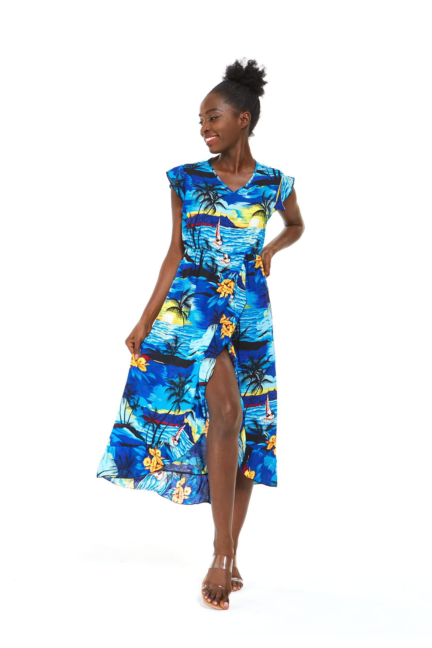 Hawaiian Luau Wrap Ruffle Dress for Women - Floral Hibiscus Vine Print - Perfect for Beach Parties, Summer Vacations & Tropical Getaways