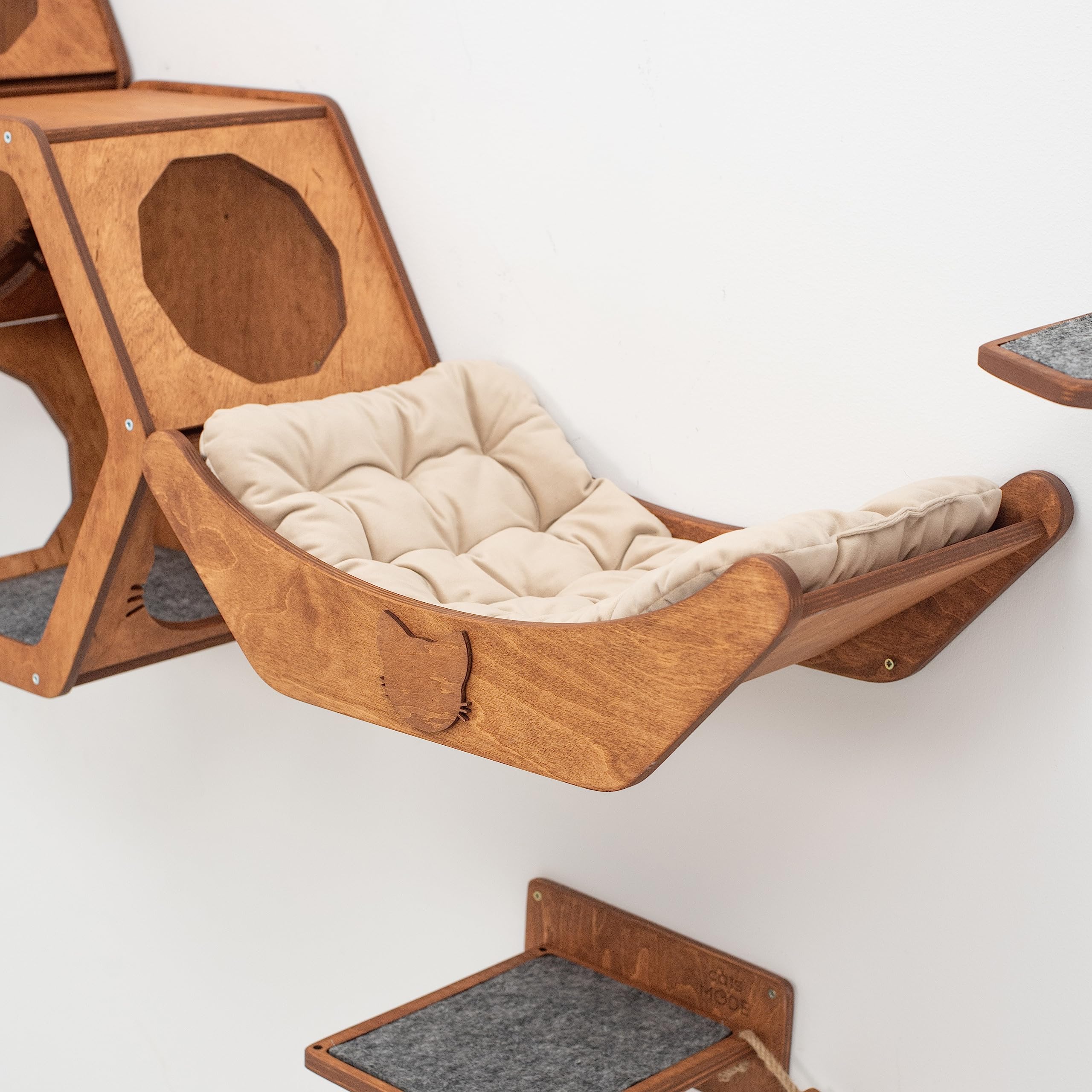 Rustic Wood Cat Bed with Pillow - Pet Furniture for Indoor Cats & Home Decor