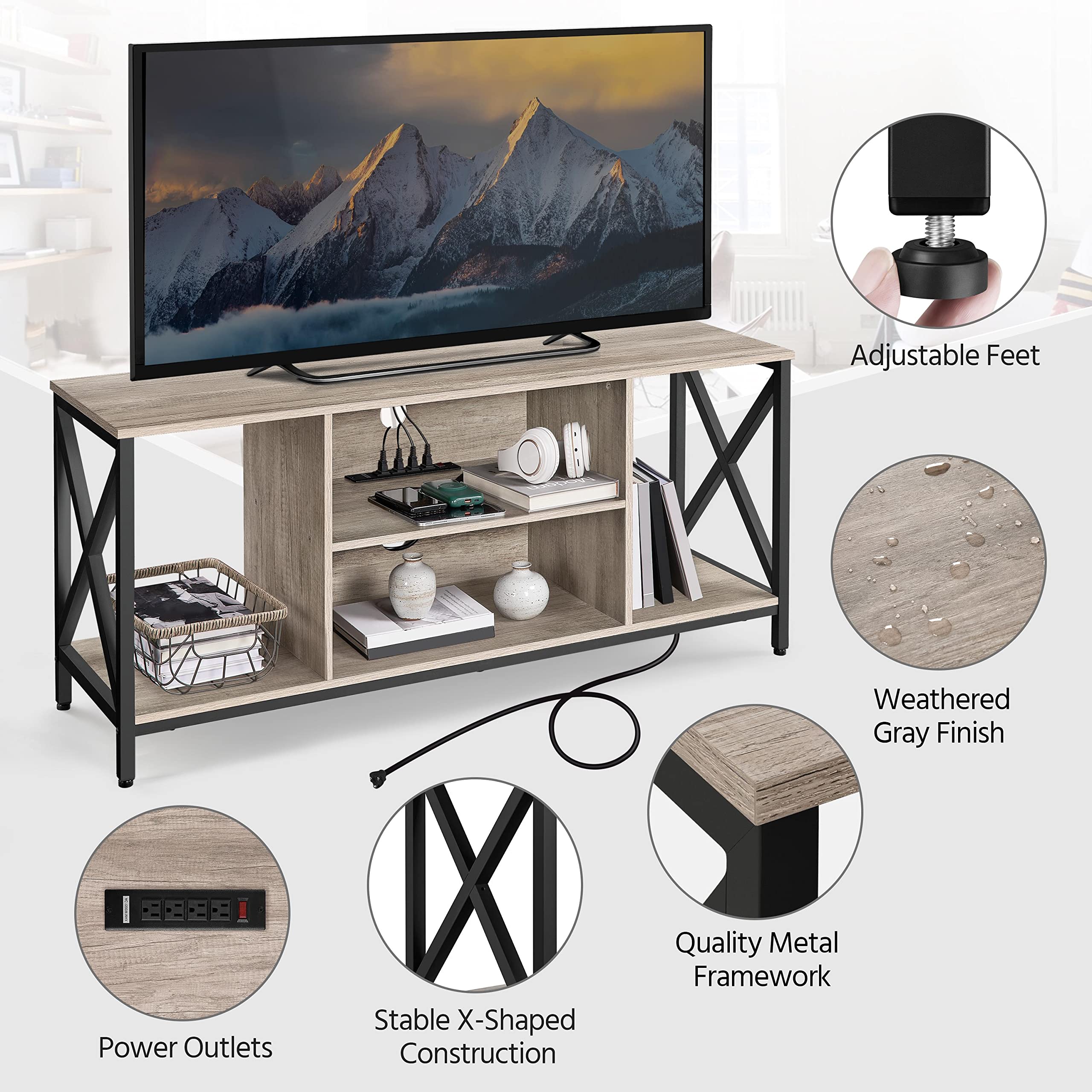 Yaheetech 65 Inch TV Stand with Power Outlets, Industrial Style Entertainment Center & Media Console with Open Storage Shelves - Modern TV Cabinet for Living Room, Bedroom, Home Theater (Gray) - Perfect for Organizing Electronics & Enhancing Home Decor