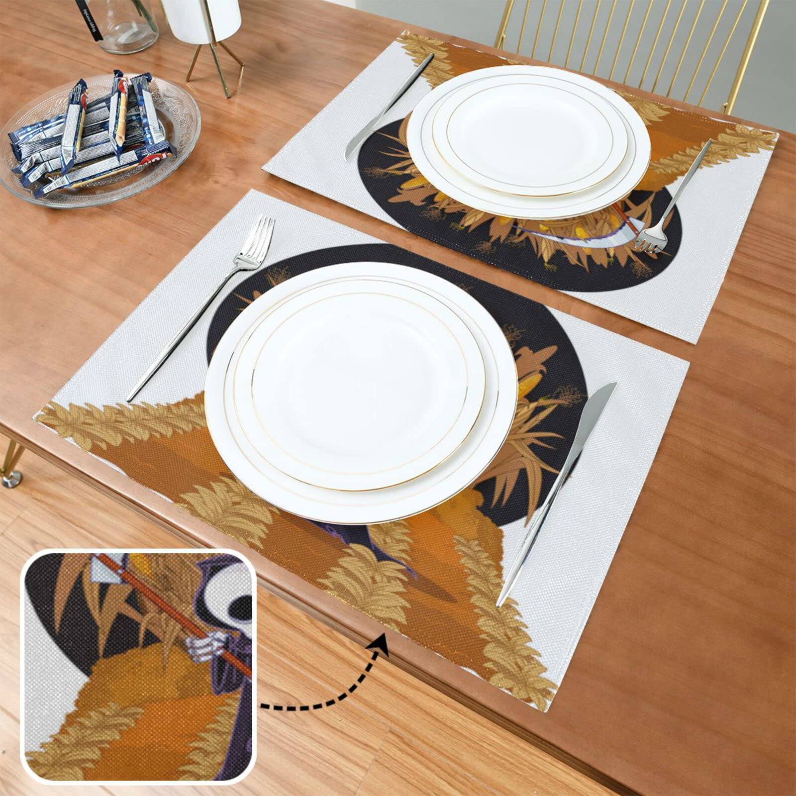 Halloween Grim Reaper Placemats Set of 4 - 12x18 Inch Washable & Heat Resistant Cloth Table Mats for Kitchen Dining - Corn Maze Themed Decor - Perfect for Spooky Dinner Parties & Halloween Home Decor