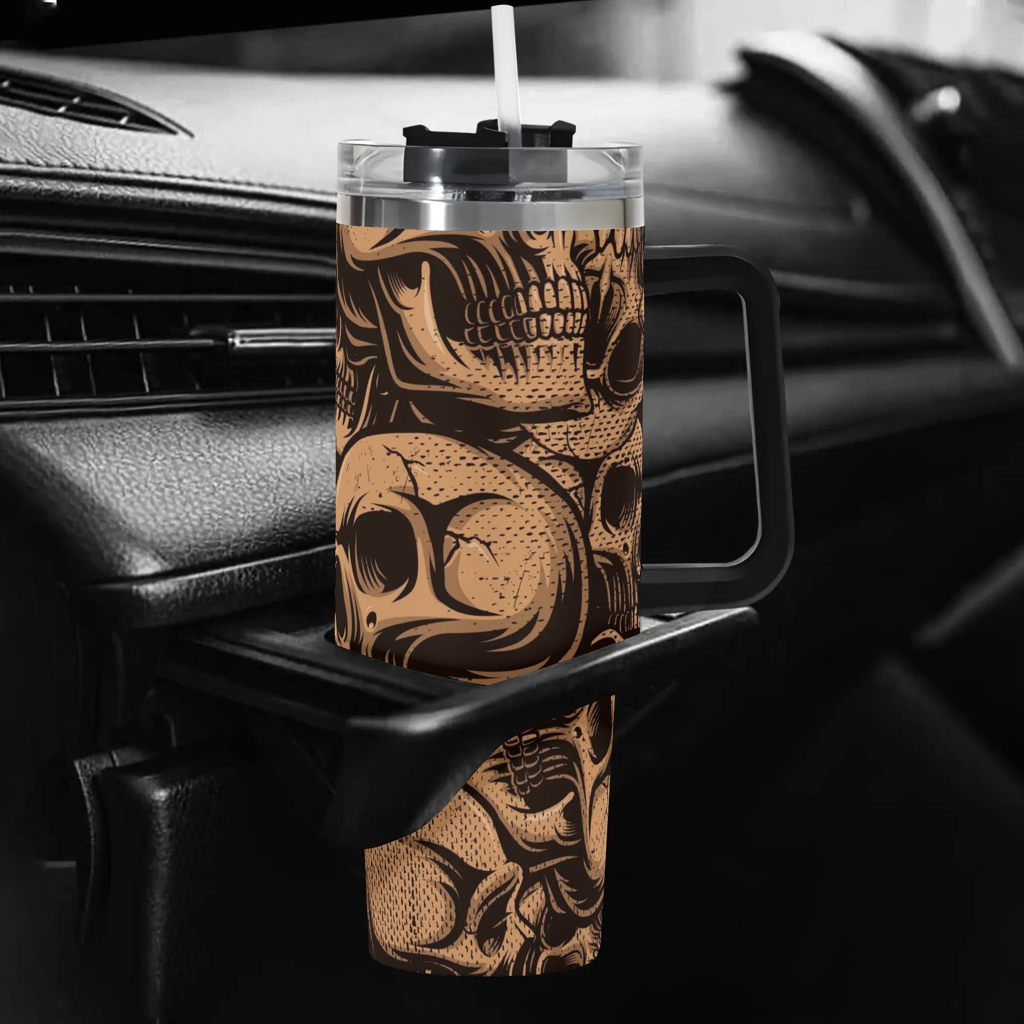 40 oz Bronze Skulls Tumbler with Handle - Insulated Stainless Steel Cup for Coffee, Tea & Cold Drinks - Perfect for Camping, Travel & Outdoor Adventures
