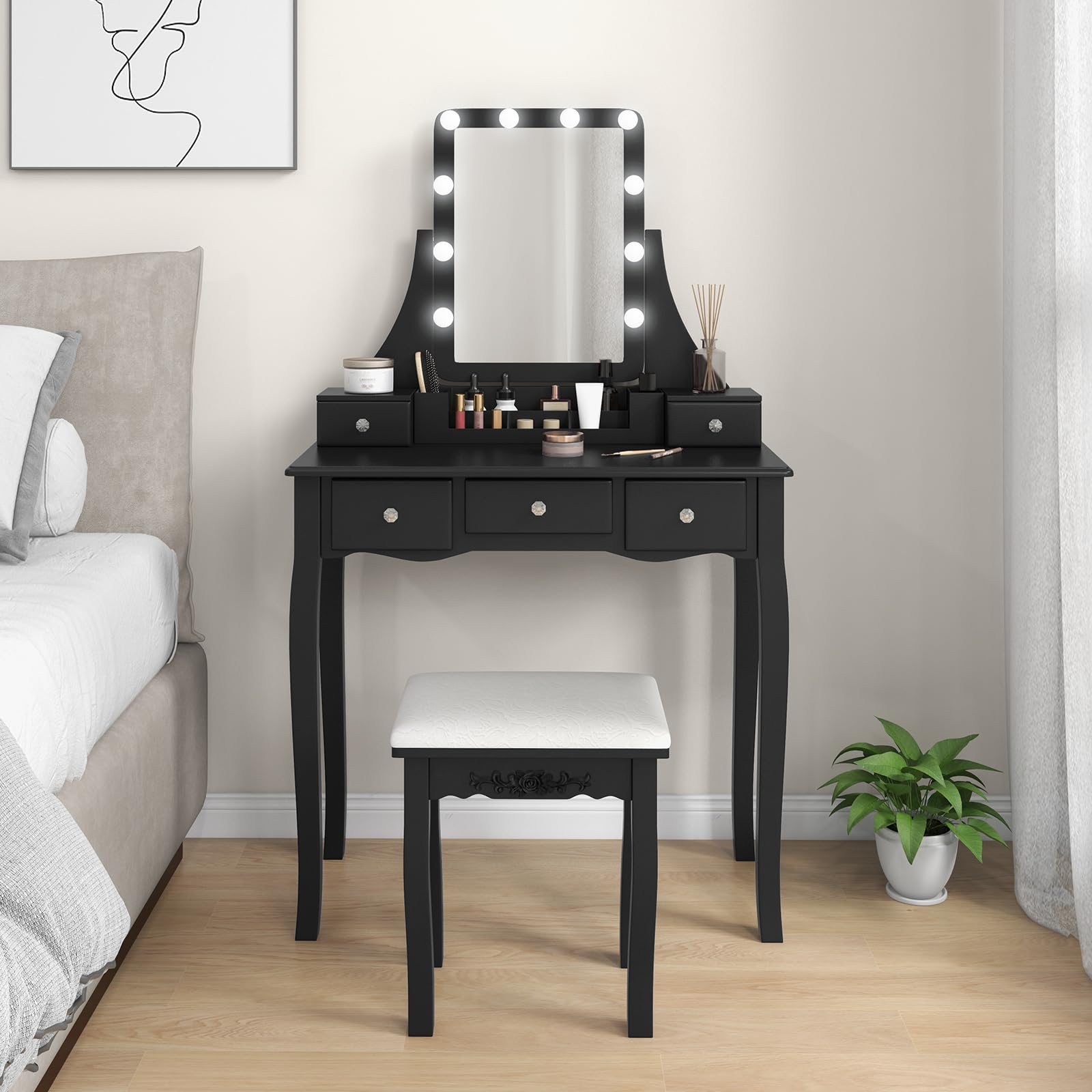 Charmaid Vanity Desk with LED Lights & Mirror - Modern Makeup Dressing Table with 5 Storage Drawers, 3-Color Lighting Modes & Adjustable Brightness - Includes Vanity Stool (Black) - Perfect for Bedroom, Dressing Room & Beauty Salon Setup