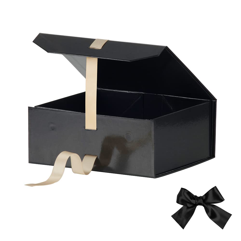 Premium 8x7x3.3 Inch Glossy Black Gift Box with Magnetic Closure & Ribbon - Luxury Wedding, Groomsman, Jewelry Gift Packaging Box - Perfect for Birthdays, Anniversaries & Special Occasions
