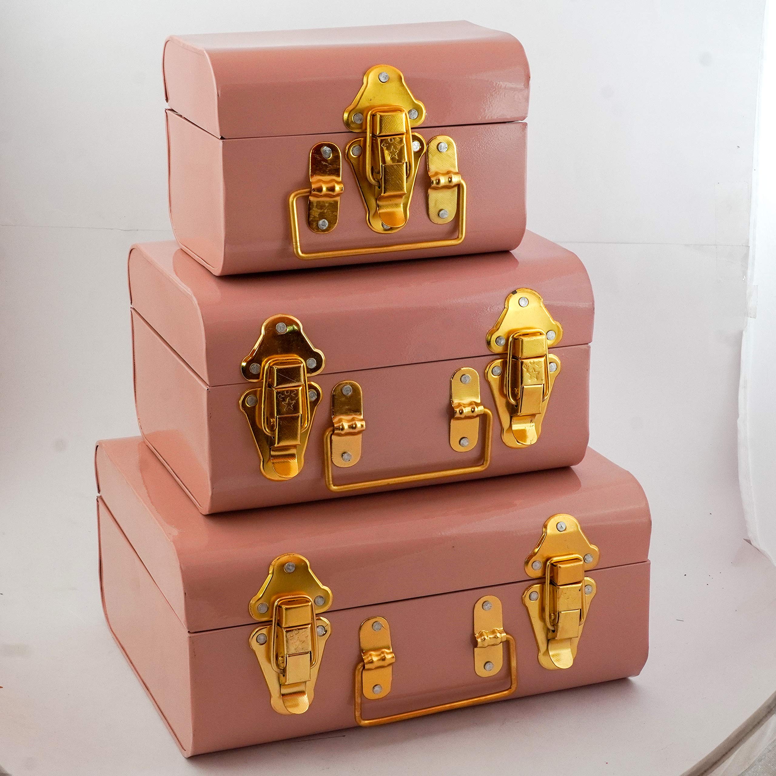 Vintage Style Metal Trunk Storage Box Set of 3 - Decorative Jewelry & Trinket Organizer for Home & Office - Art Deco Design Gift Box in Pink | Perfect for Jewelry Storage, Home Decor, and Unique Gift Giving