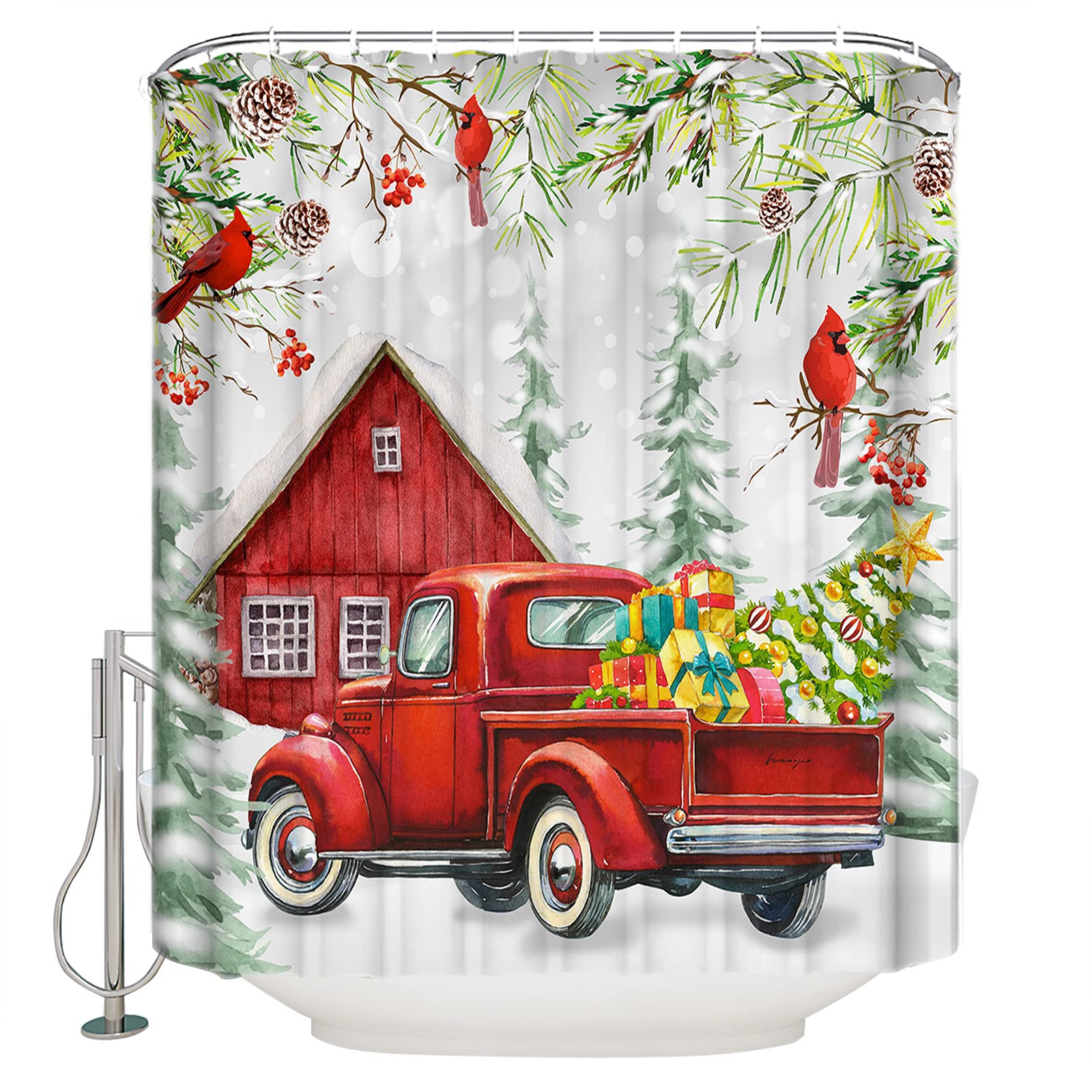 Vintage Red Truck Christmas Shower Curtain - Waterproof Polyester Bath Curtain with Hooks, 72x78 Inch - Farmhouse Holiday Decor for Bathroom, Perfect for Christmas, Winter & Cozy Home Decor