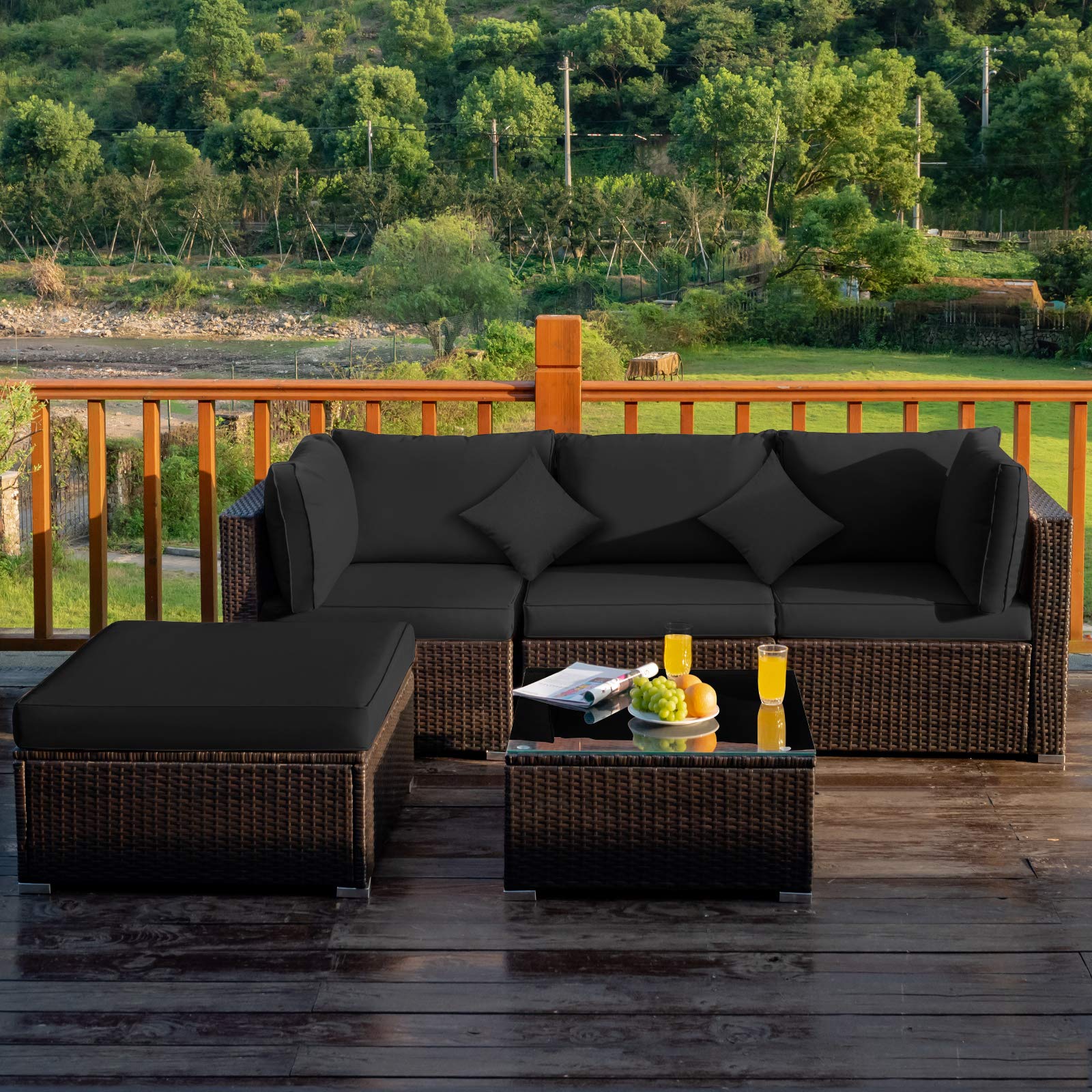 **Tangkula 5-Piece Patio Rattan Furniture Set - Outdoor Sectional Sofa with Cushions & Tempered Glass Table - Wicker Conversation Set for Backyard, Porch, Poolside (Black) - Perfect for Relaxing & Entertaining Outdoors**