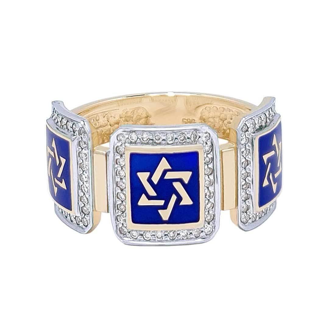 14K Gold Star of David Ring with 90 Diamonds & Blue Enamel - Elegant Jewish Jewelry for Hanukkah, Bar Mitzvah & Special Occasions