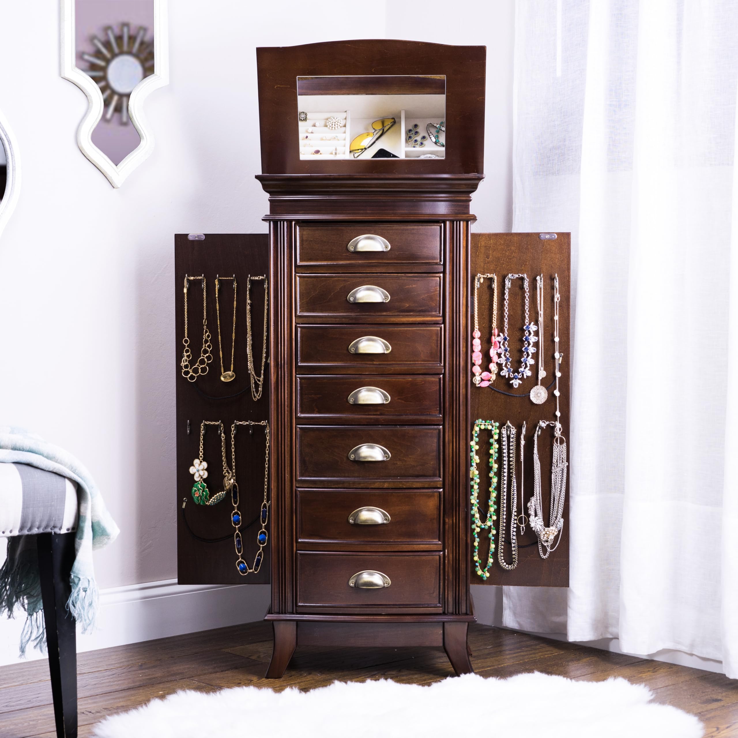 Alexa Walnut Jewelry Armoire with 7 Drawers - Classic Wooden Jewelry Organizer with Multiple Compartments for Necklaces, Rings & Bracelets - Perfect for Bedroom Vanity, Closet Storage & Gift Giving