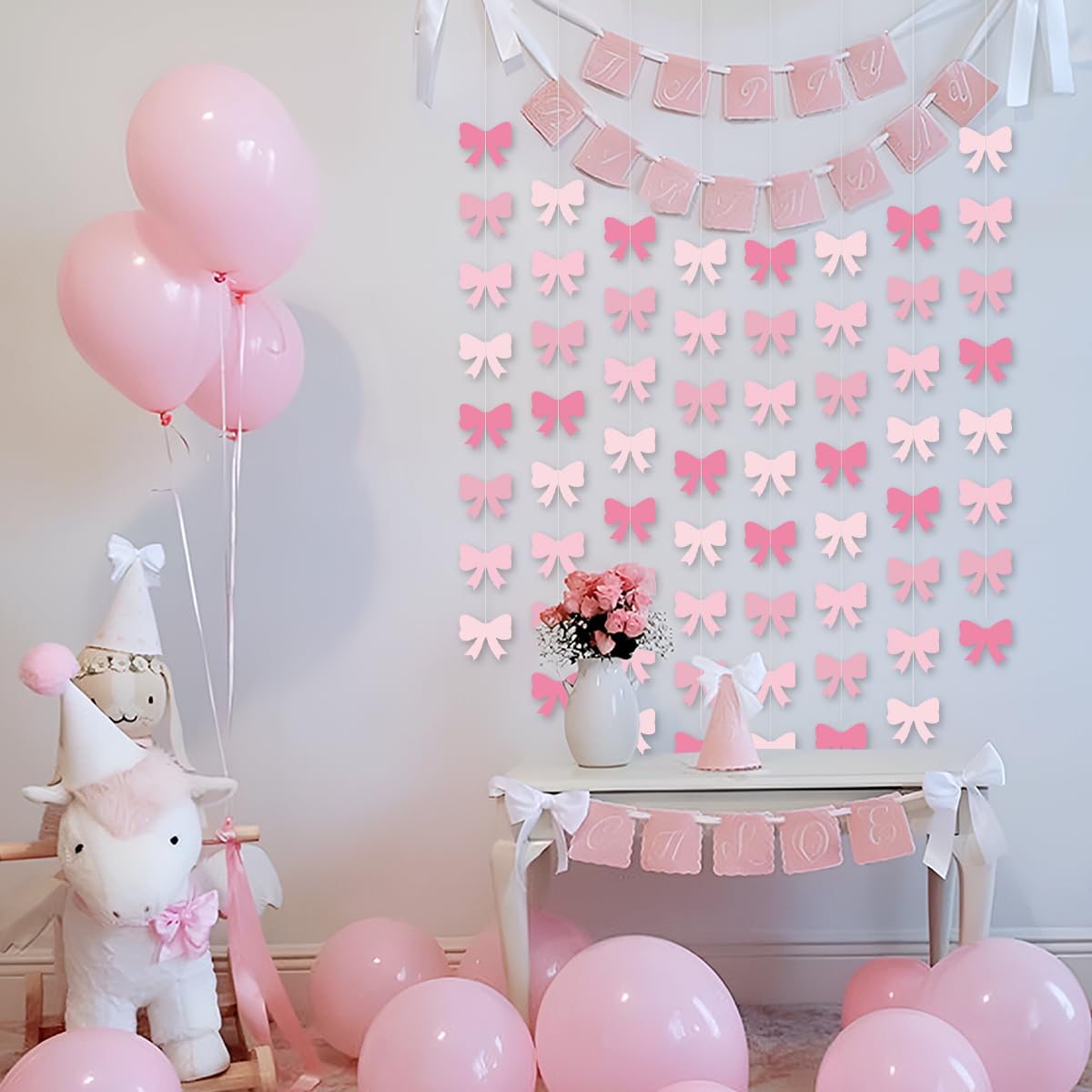 8Pcs Pink Bow Hanging Banners - Elegant Party Decorations for Birthday Girl, Bachelorette, Baby Shower & Bridal Shower | Perfect for Wall Decor, Photo Backdrops & Celebration Themes