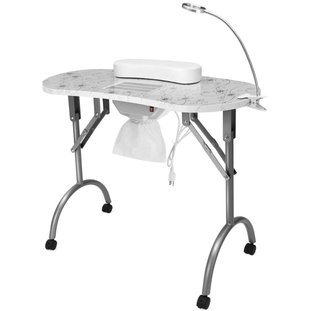 Foldable Portable Nail Art Station with Locking Wheels, Adjustable Lamp & Wrist Rest - Professional Manicure Table for Home Salon & Mobile Nail Technicians - Perfect for Nail Art, Gel Extensions & Pedicures