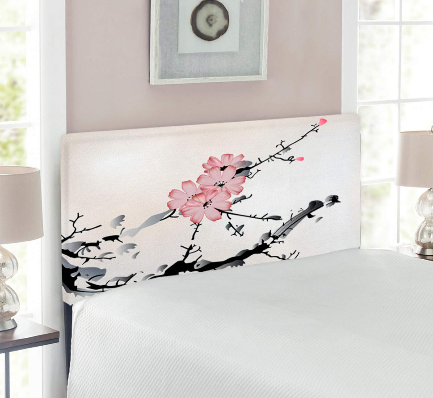 Ambesonne Japanese Floral Headboard - Traditional Watercolor Blossom Design, Upholstered Metal Bed Frame with Memory Foam, Twin Size Pink & Black - Perfect for Bedroom Decor, Guest Rooms & Asian-Inspired Home Interiors