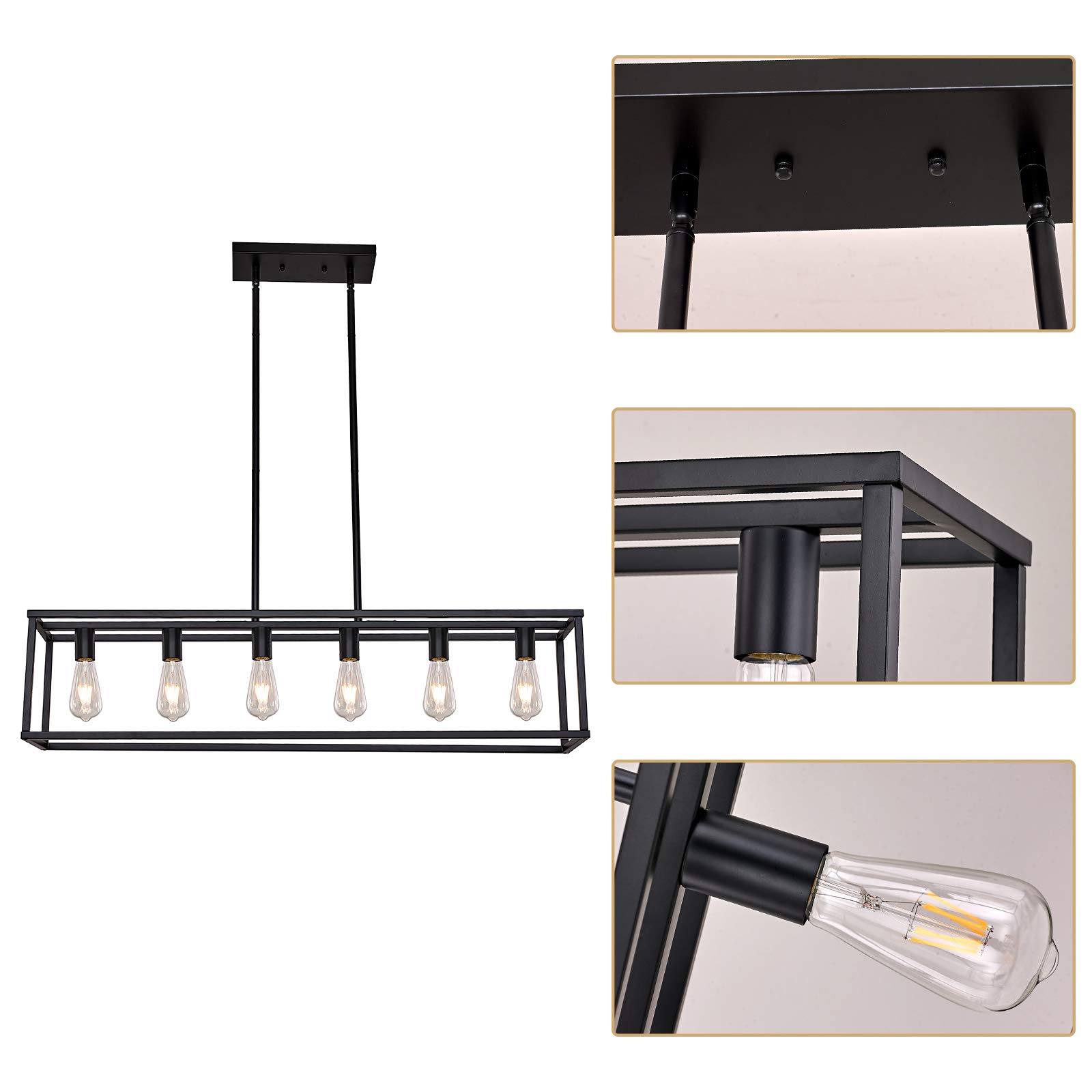 6-Light Black Metal Chandelier Lighting Fixture - Farmhouse Linear Rectangular Pendant Light for Kitchen Island & Dining Room Table | Perfect for Rustic Home Decor & Modern Farmhouse Interiors
