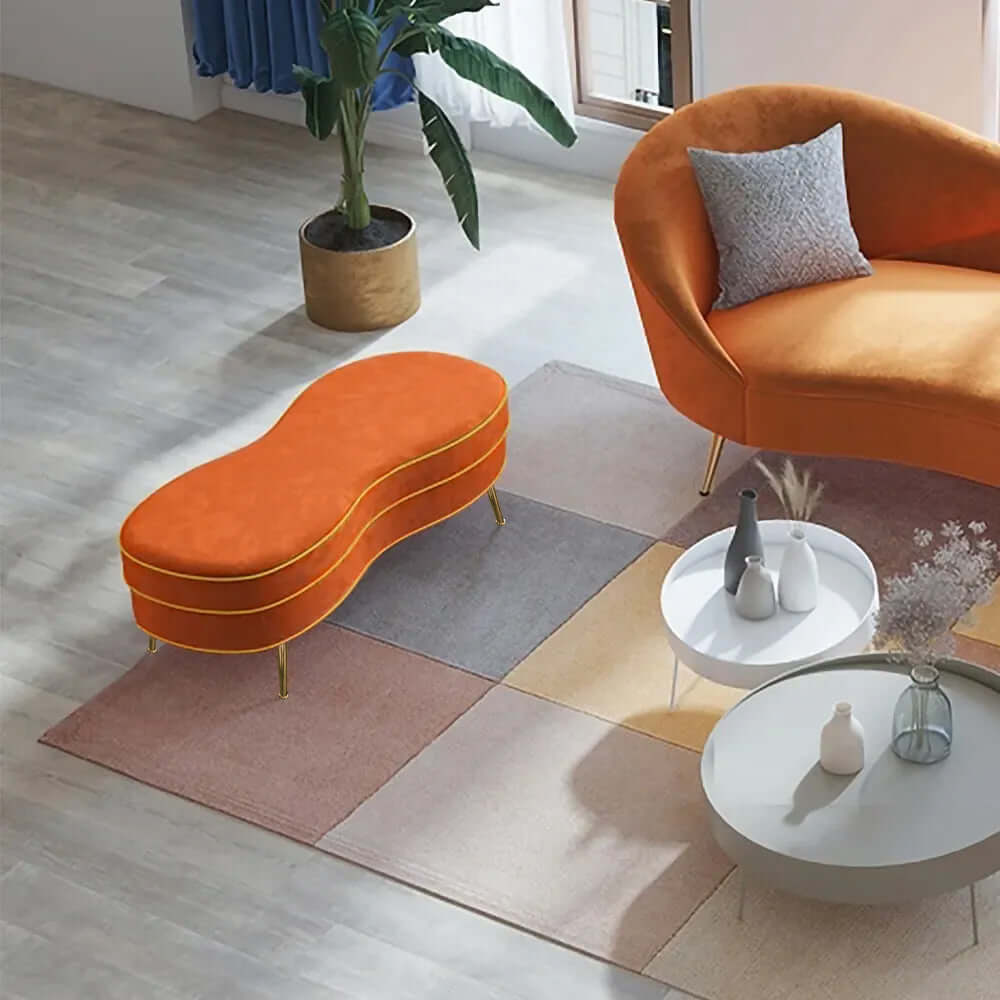 Modern Orange Velvet Upholstered Bench with Gold Legs - Stylish Ottoman for Living Room, Bedroom or Entryway Seating