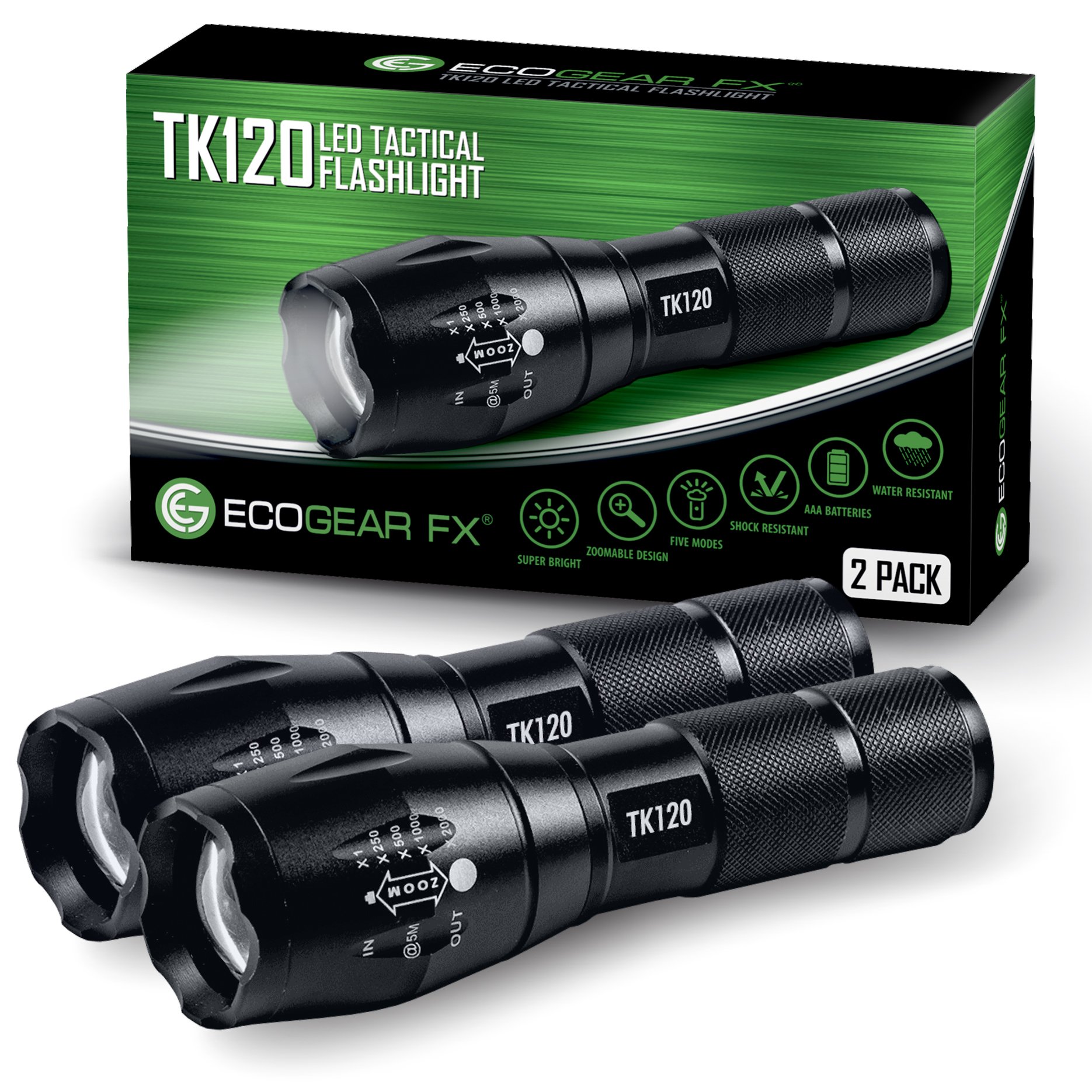EcoGear FX LED Flashlight Set - High Lumens 5-Mode Zoomable Tactical Flashlights for Camping, Hiking, Emergency & Home Use [2 Pack] - Perfect for Power Outages, Night Adventures & Survival Kits