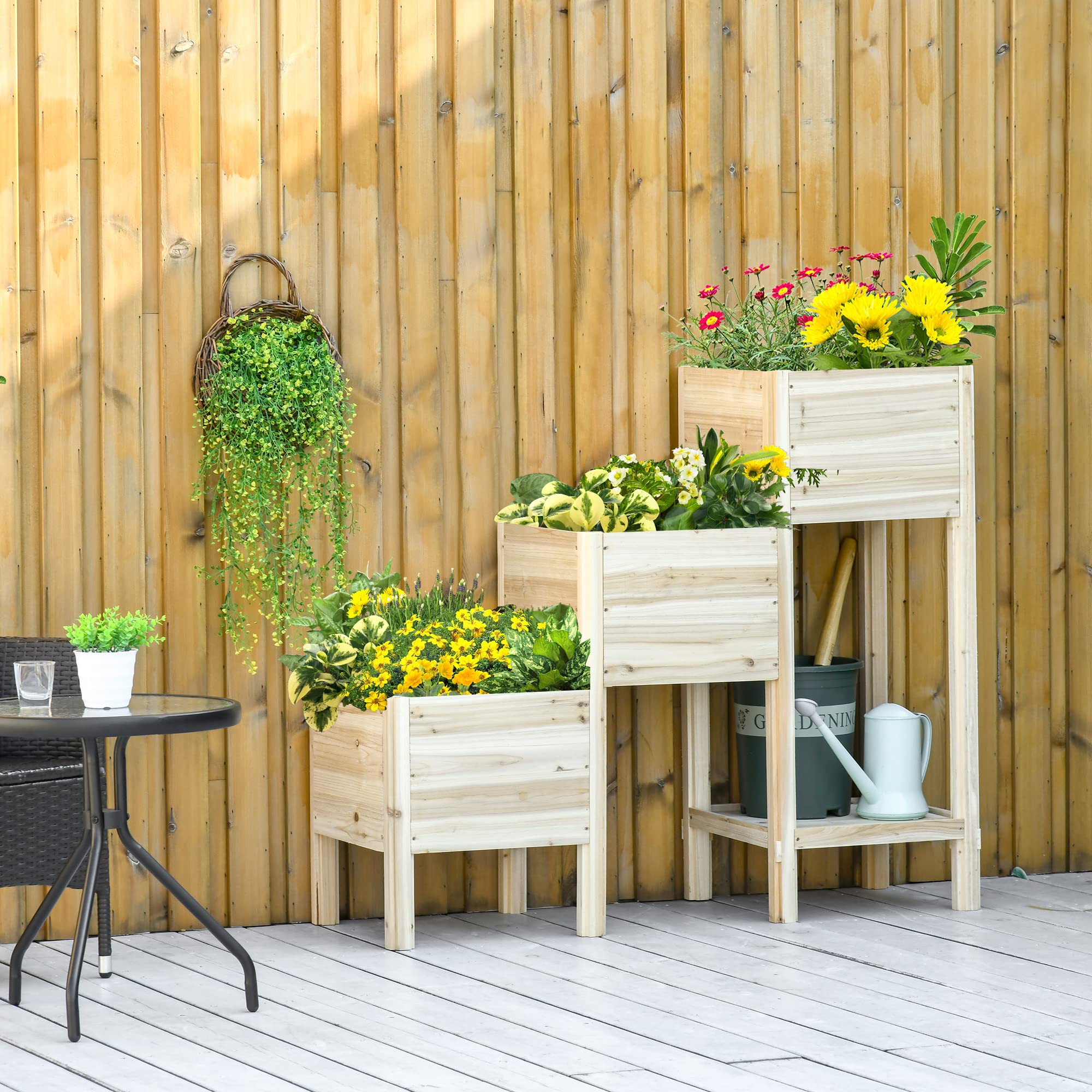 Outsunny 3-Tier Raised Garden Bed with Storage Shelf | Elevated Wooden Planter Box for Vegetables, Herbs & Flowers | Perfect for Patio, Balcony & Backyard Gardening