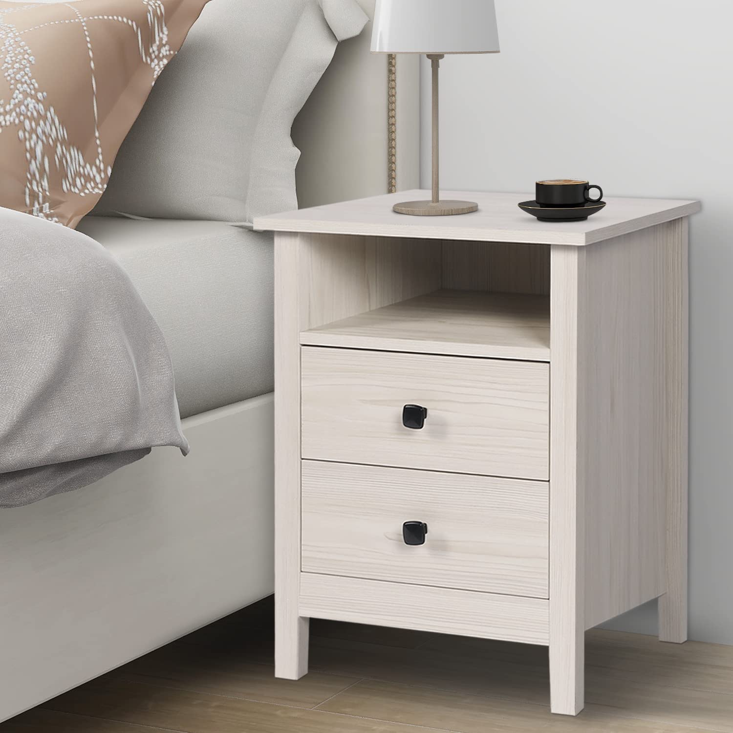 LTMEUTY Set of 2 Wooden Nightstands with Drawers - Modern White Wood Grain Bedside Tables with 2-Drawer & Open Cabinet Storage - Perfect for Bedroom, Living Room, or Guest Room Furniture