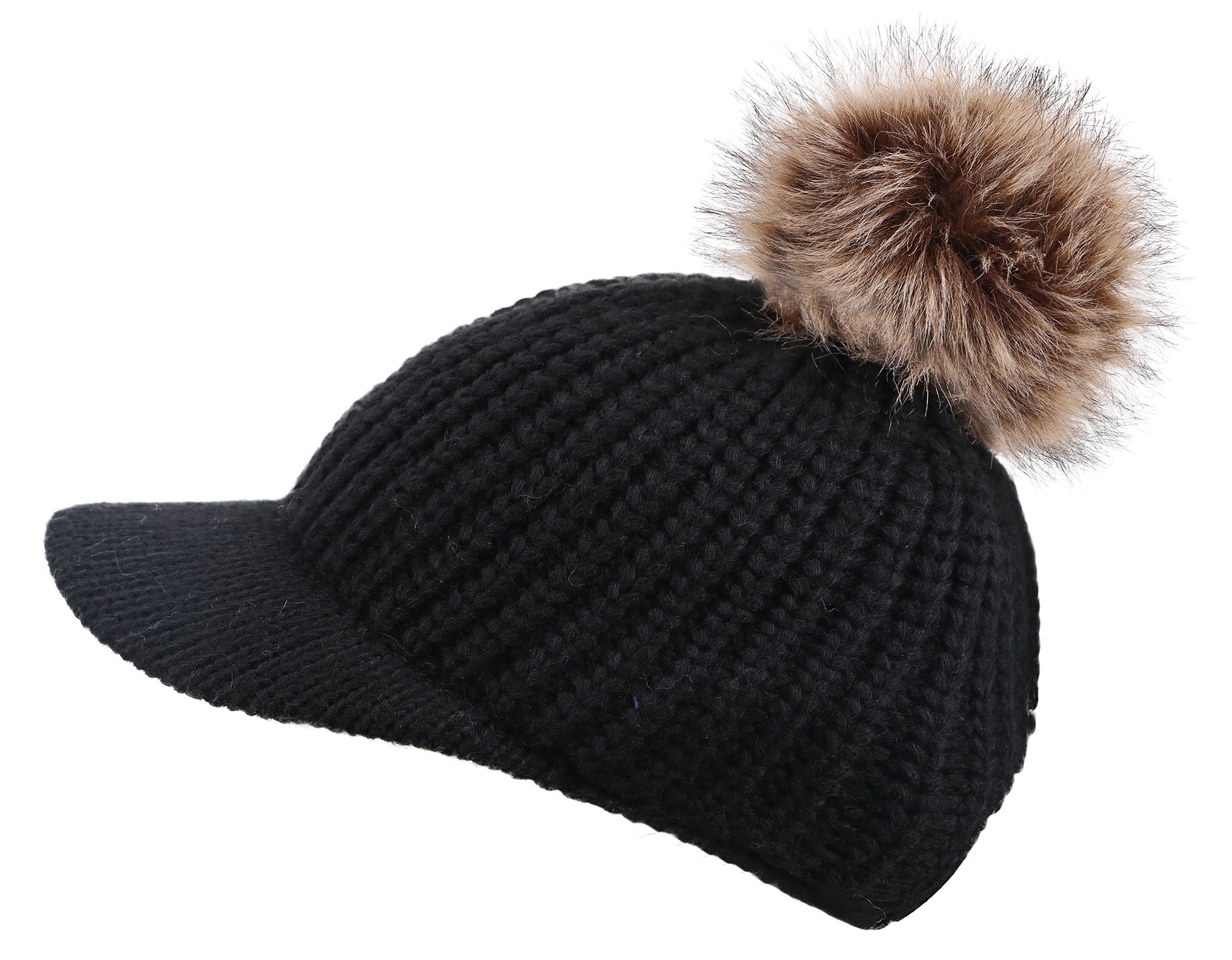 Arctic Paw Kids Cable Knit Beanie with Faux Fur Pompom & Brim Shade - Warm Winter Hat for Boys & Girls - Perfect for Snow Play, Skiing & Outdoor Activities