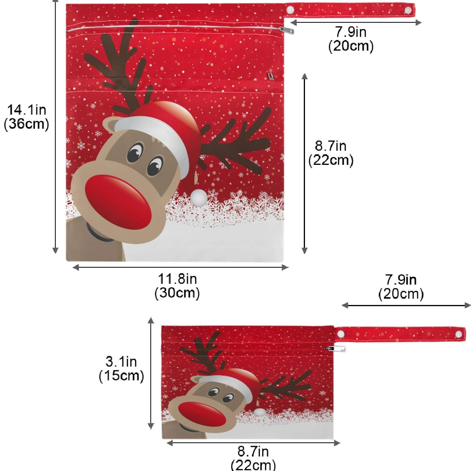 Visesunny Reindeer Red Santa Claus Hat Snowflake Wet Bag - 2PCS with Zippered Pockets & Snap Handle, Washable & Reusable for Travel, Beach, Pool, Daycare | Perfect for Holiday Outfits, Baby Essentials, Gym Clothes & Swimwear Storage