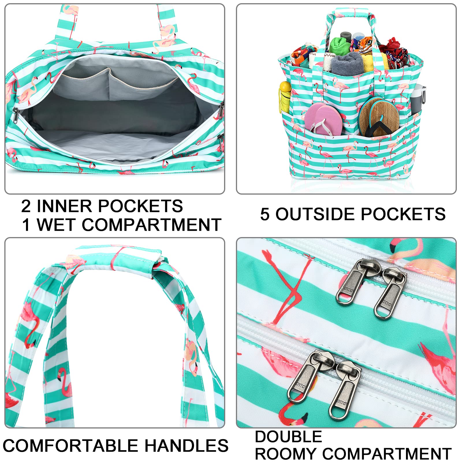 Waterproof Large Beach Tote Bag for Women - Sandproof Zippered Pool & Gym Bag with Wet Pocket - Perfect for Swimming, Travel, Shopping & Grocery Trips