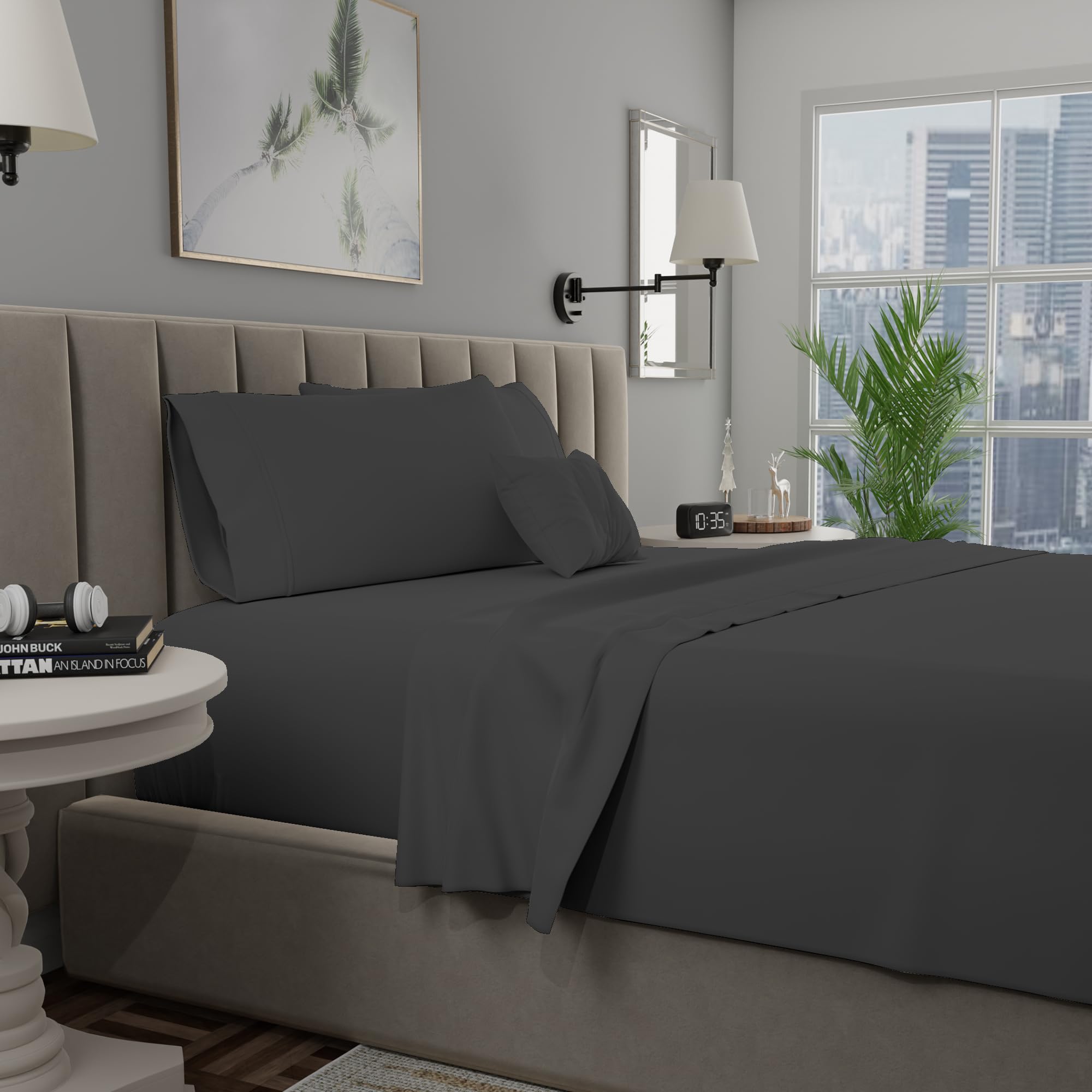 400TC 100% Cotton Full Bed Sheet Set - Luxury Hotel Quality Dark Gray Cooling Sheets with Deep Pockets | Soft, Breathable & Skin-Friendly | Perfect for Guest Rooms, Master Bedrooms & Dorm Essentials