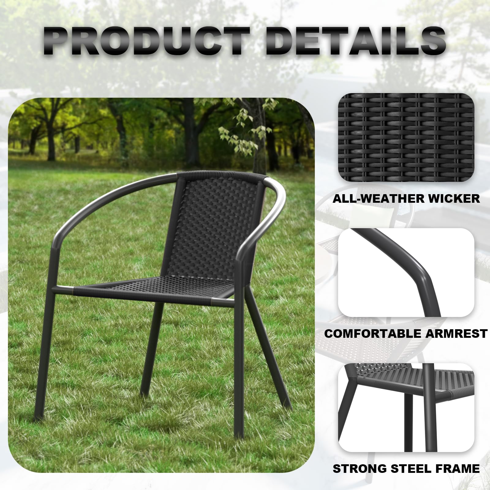 4 Pack Outdoor Patio Chairs - Stackable Wicker Rattan Dining Chairs with Metal Frame for Balcony, Deck, Backyard, Bistro & Porch | Weather-Resistant & Comfortable for Outdoor Entertaining, BBQs & Relaxation (Black)