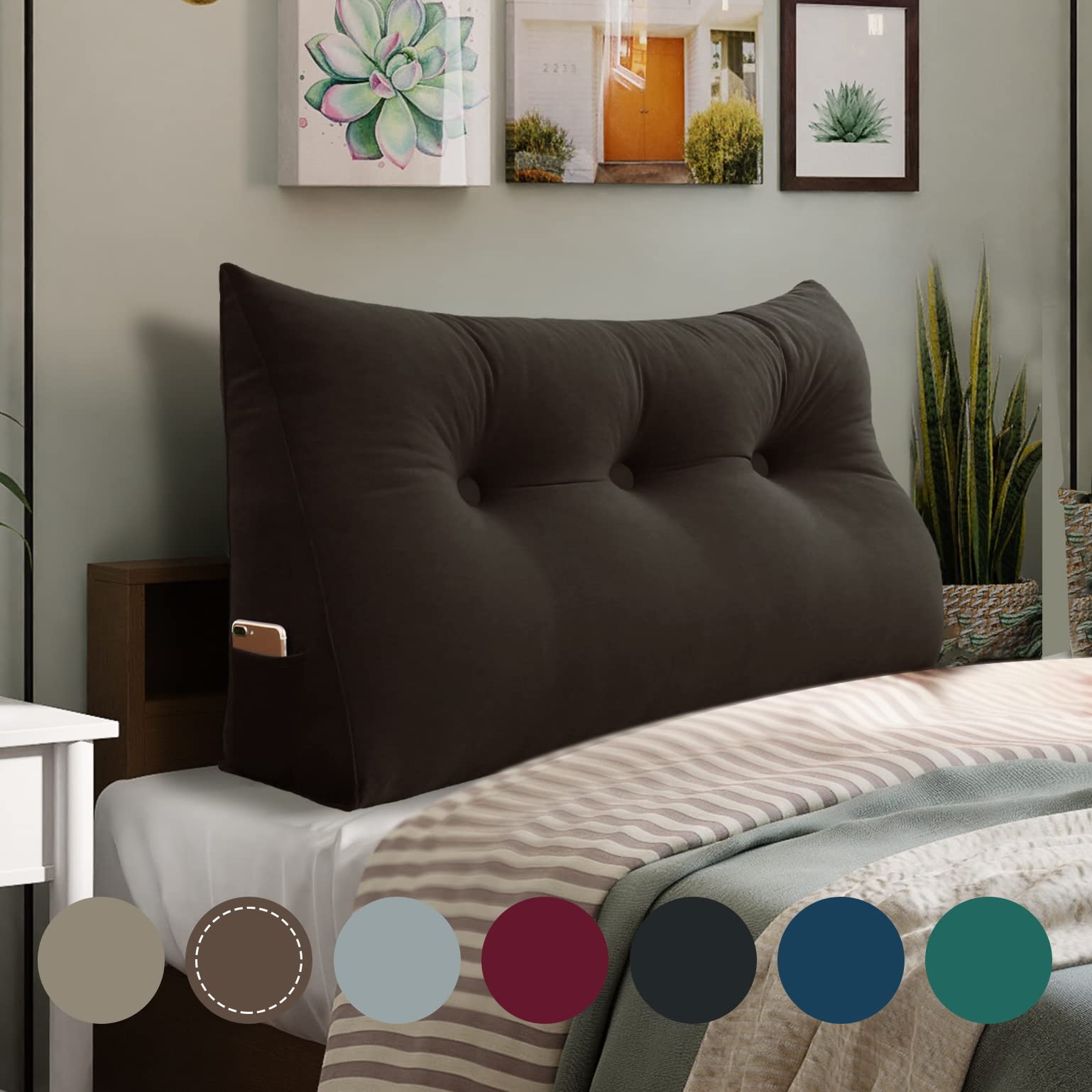 WOWMAX Large Bolster Triangular Headboard Pillow for Twin/Twin XL Beds - Velvet Upholstered Wedge Pillow with Removable Cover (Coffee Brown) - Perfect for Dorms, Bedrooms & Reading in Bed