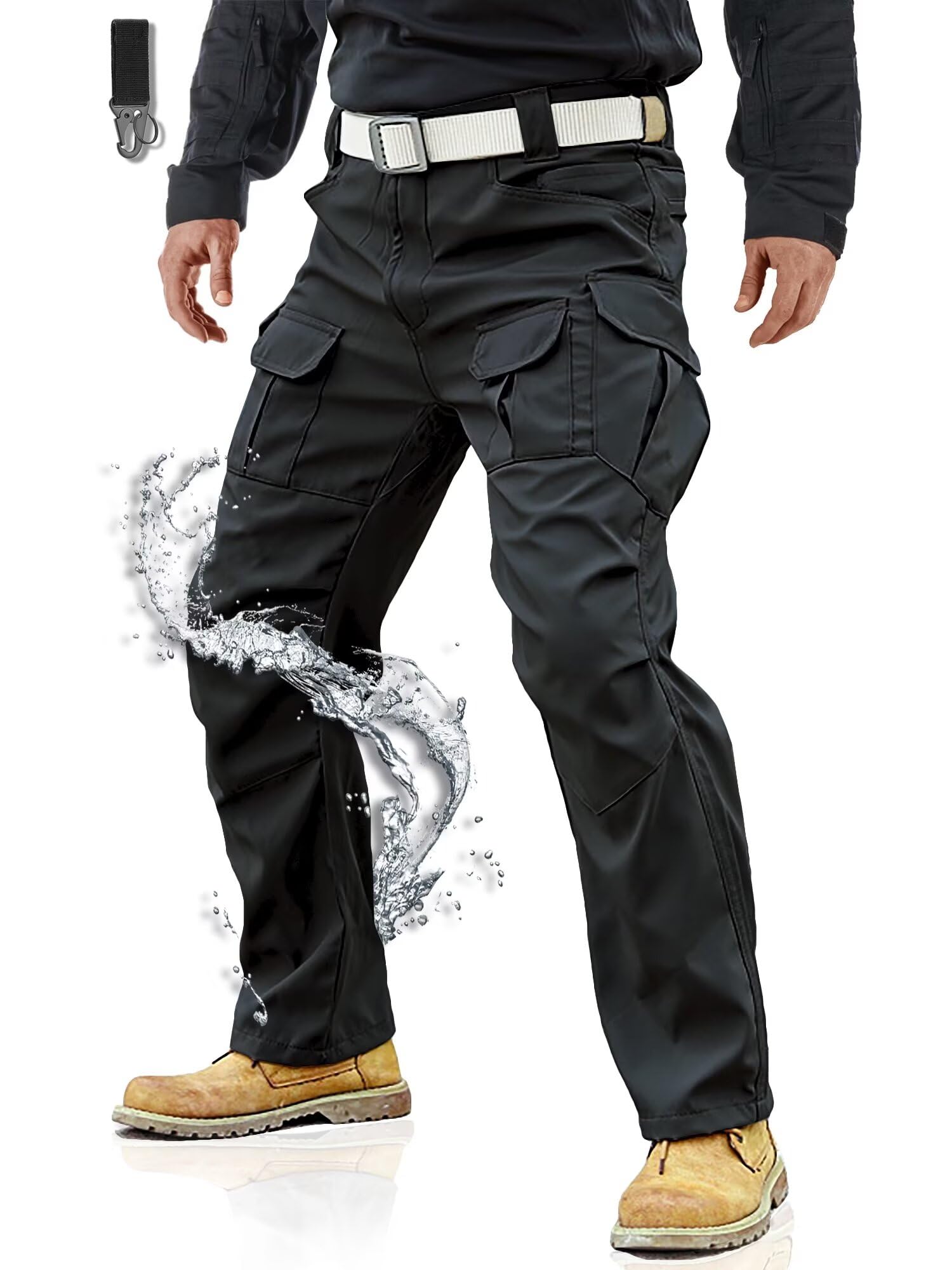 Men's 4-Way Stretch Tactical Cargo Work Pants - Waterproof Hiking Pants with 10 Pockets & Carabiner - Lightweight Outdoor Adventure, Hunting & Travel Pants