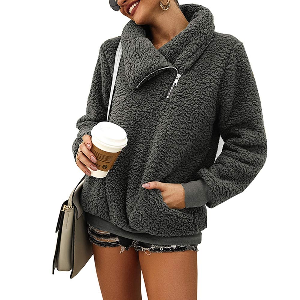 Women's Casual Turtleneck Fuzzy Fleece Sweatshirt - Long Sleeve Oblique Zipper Pullover Loose Sweater Tops Blouse with Pockets for Winter Warmth and Cozy Outings
