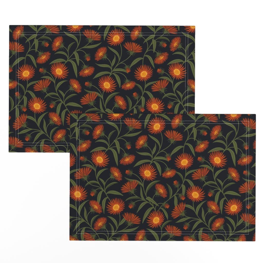 Spoonflower Linen Cotton Canvas Placemats Set of 2 - Autumn Floral Dark Orange Green Print Table Mats for Dining Room Decor, Kitchen Table Setting, Thanksgiving & Fall Home Decor