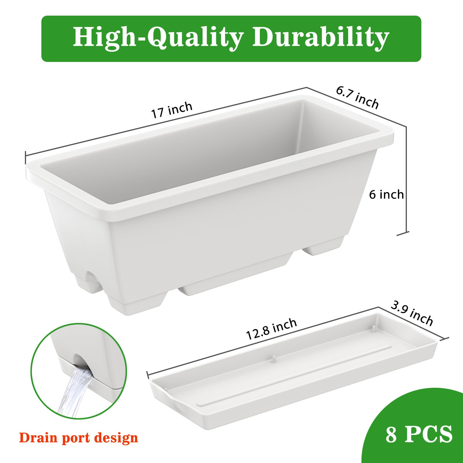 16 Pack Rectangle Window Box Planters - 17 Inch Long Plastic Flower Box with Drainage Holes & Trays for Indoor/Outdoor Use - Dark Grey Herb Garden Plant Pots Perfect for Windowsill, Balcony & Patio Decor