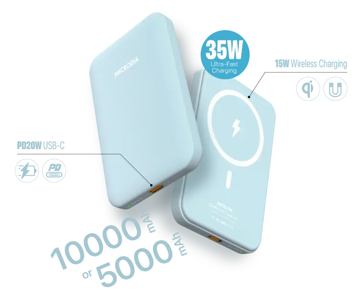 MICRODIA SNAPPower™ MagGo Palm - 5000mAh/10000mAh Magnetic Wireless Power Bank with 15W Fast Wireless Charging & 20W PD USB-C Fast Charging | Portable Charger for iPhone 15/14/13/12, Samsung Galaxy, AirPods | Perfect for Travel, Work & Outdoor Activities