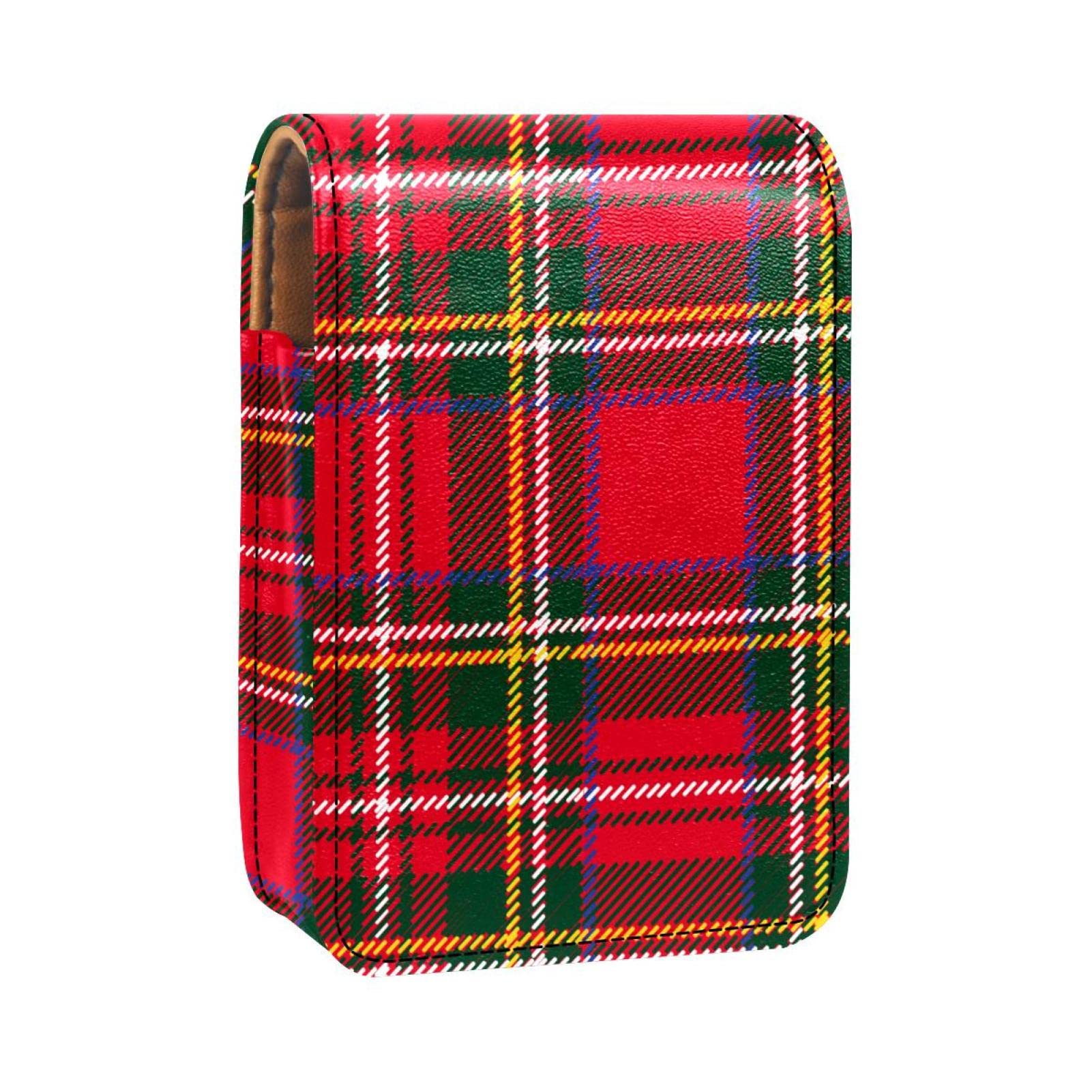 Red and Green Plaid Mini Lipstick Holder Organizer Bag with Mirror - Travel Cosmetic Pouch for Purse, Makeup Storage & On-the-Go Touch Ups | Perfect for Travel, Daily Use & Gift Giving