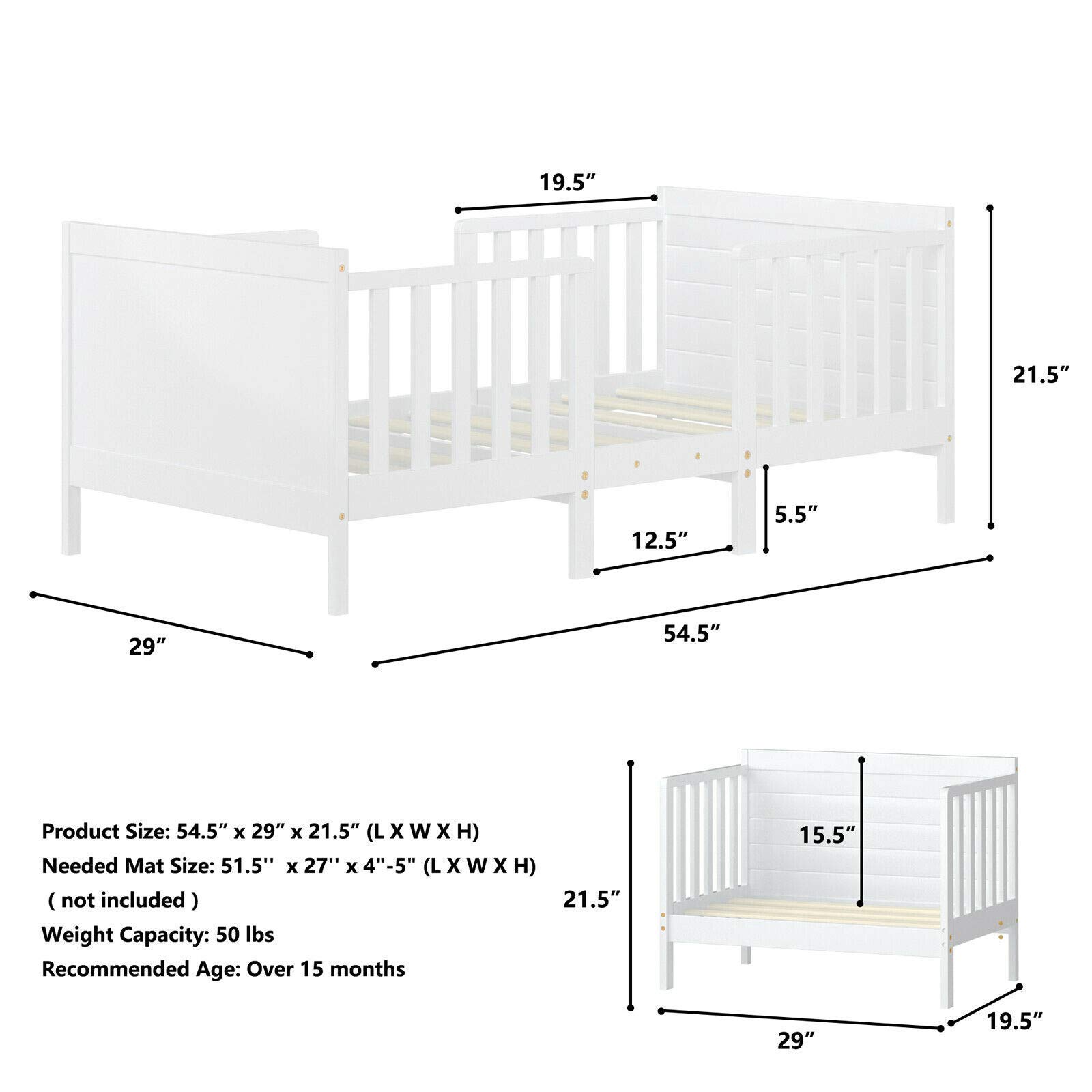Costzon 2-in-1 Convertible Wood Toddler Bed Frame with Safety Guardrails & Footboard - White Kids Floor Bed for Boys & Girls - Fits Full Size Crib Mattress - Perfect for Nursery, Daycare or First Big Kid Bed