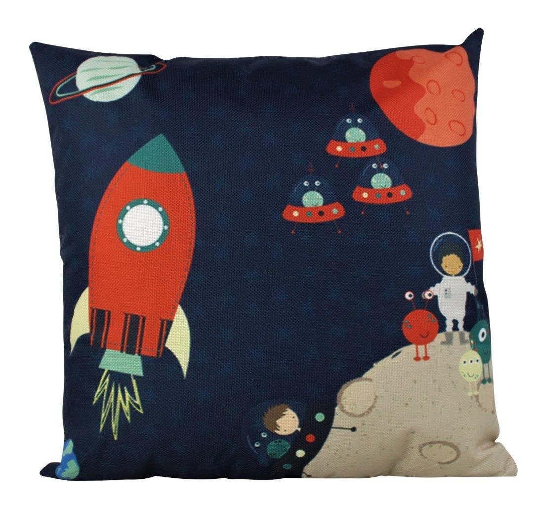 Fly to The Moon Rocket Print Pillow Cover - Space Theme Home Decor Throw Pillow for Nursery, Kids Room & Living Room - Fun Gift Idea for Space Lovers