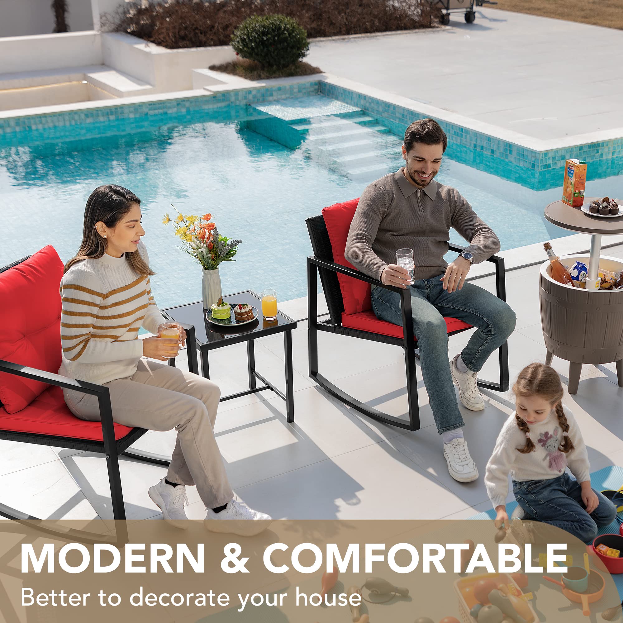 Devoko 3-Piece Wicker Patio Furniture Set - Outdoor Rocking Bistro Chairs with Glass Coffee Table - Red Conversation Set for Porch, Garden & Backyard Relaxation
