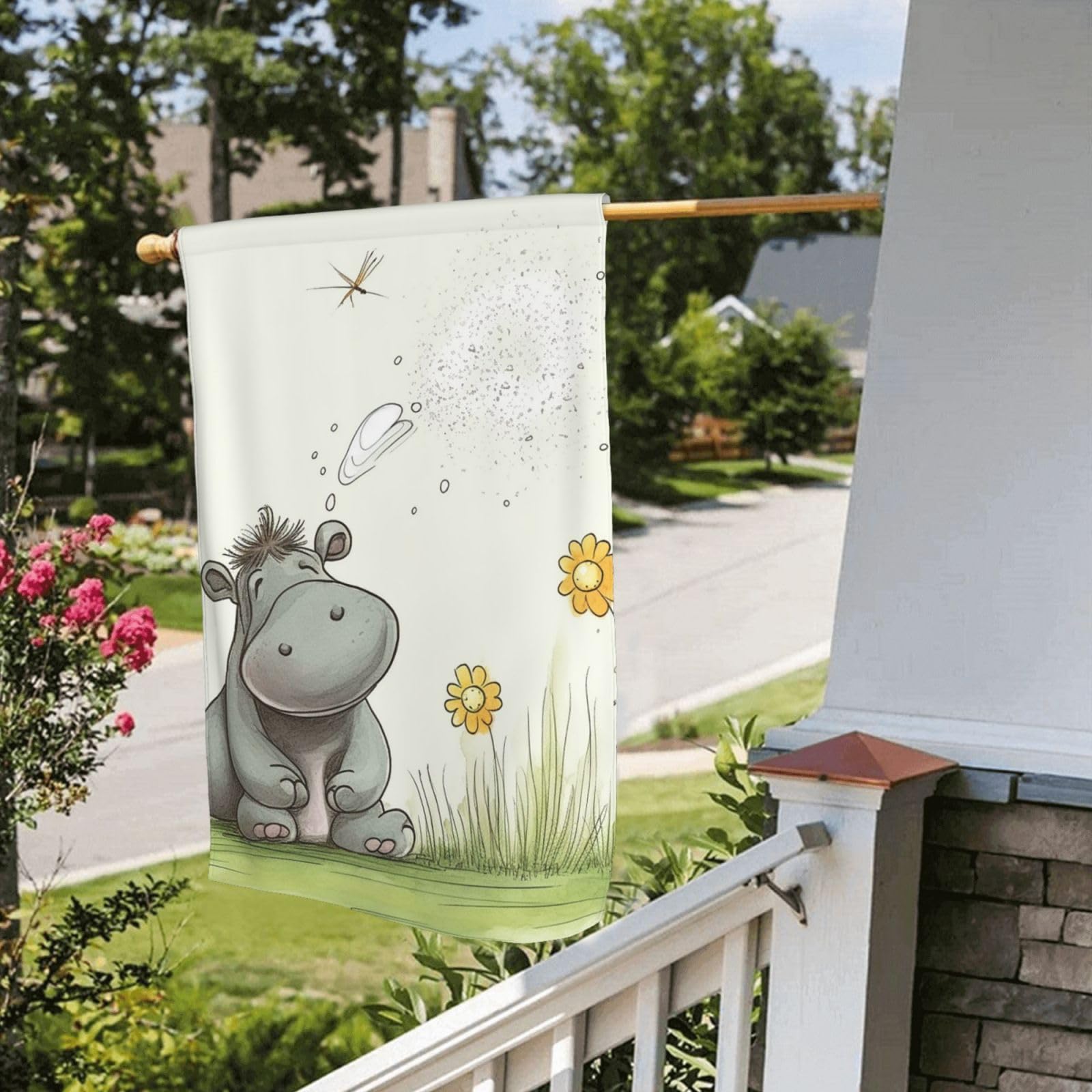 Double-Sided 28x40 Inch Welcome Garden Flag - Weatherproof Outdoor Yard Flag with Hippo & Dandelion Design for Porch, House Decor - Perfect for All Seasons & Holiday Celebrations
