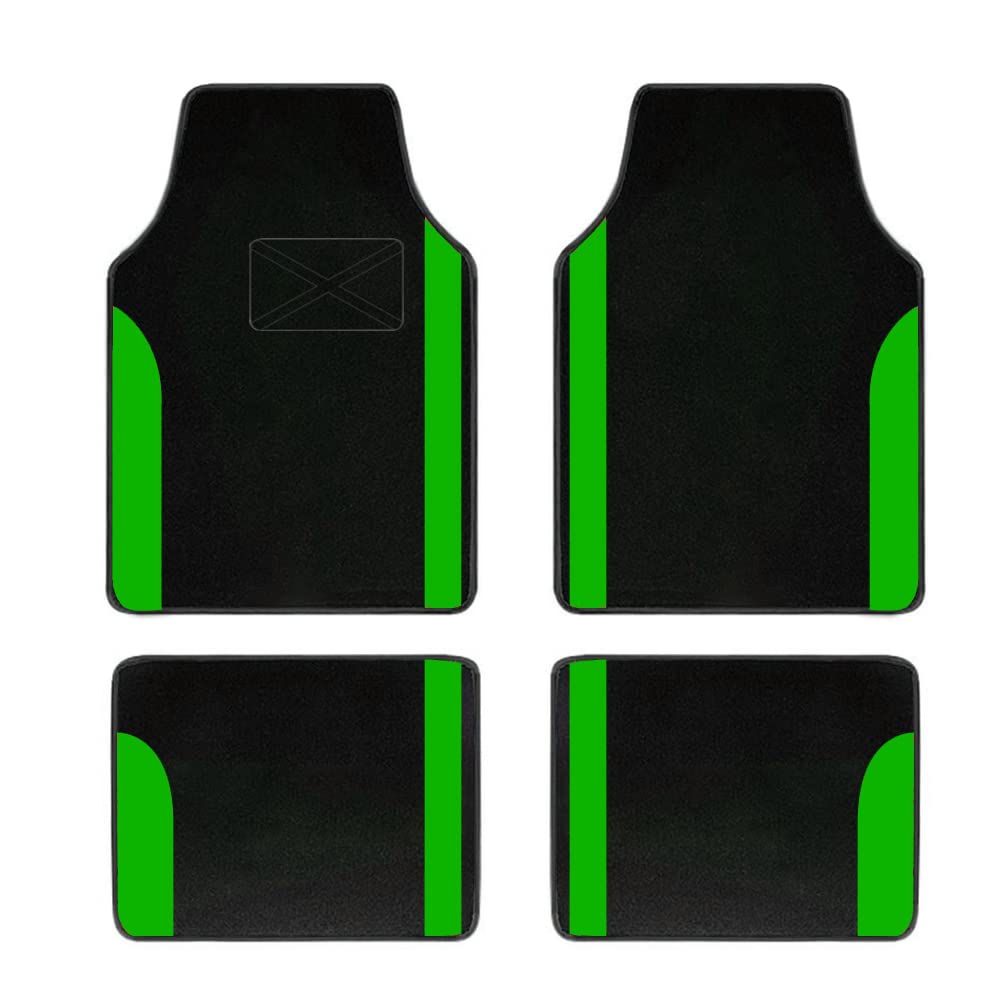 Premium Universal Car Carpet Floor Mats - 4-Piece Set for SUVs, Trucks, Sedans & Vans | All-Weather Protection (Black with Green Trim) | Perfect for Daily Commutes, Road Trips & Family Adventures