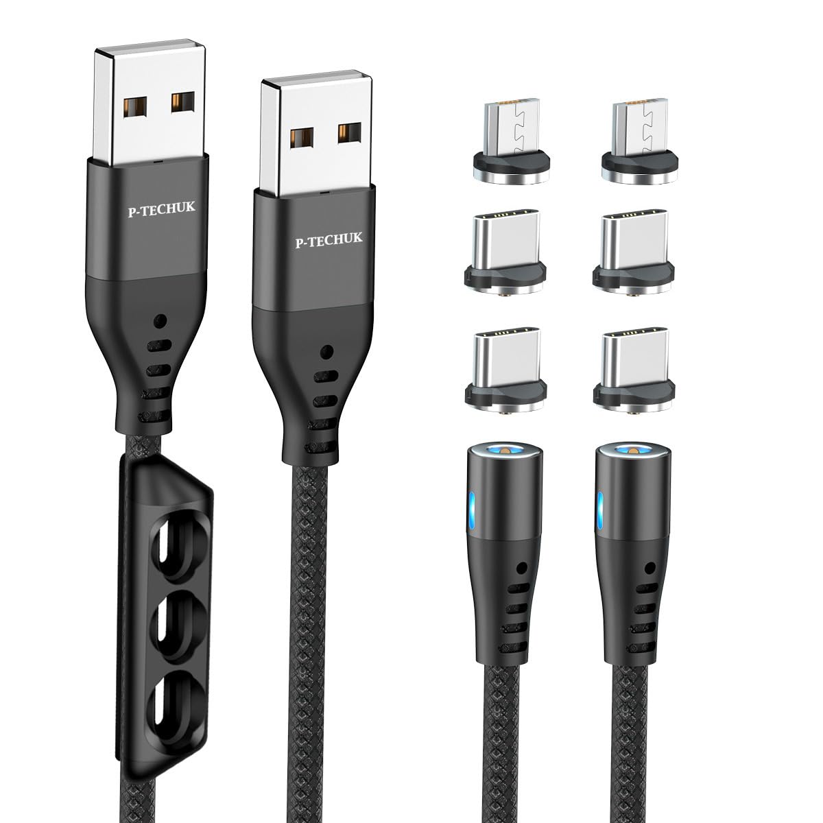 P-TECHUK Magnetic Charging Cable 2-Pack (1M Each) with 6 Adapter Tips & Holder - Fast Charging Nylon Braided USB Cable for iPhone Samsung Android - Perfect for Home Office Travel Car Charging
