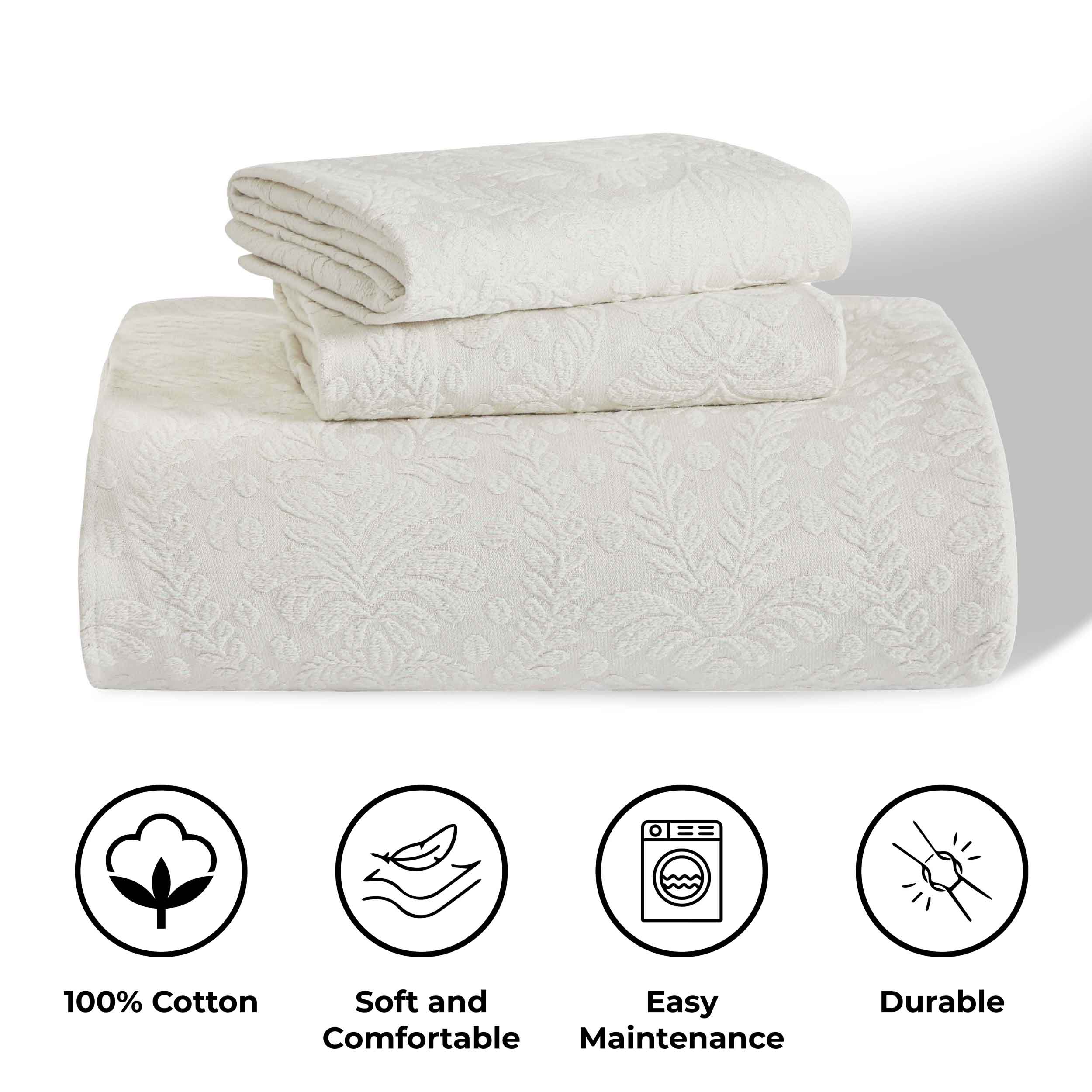 Premium Aspen Cotton Blend Jacquard Woven Floral Bedspread Set with Scalloped Edges - Queen Size Luxury Bedding for Master Bedroom & Guest Room Decor