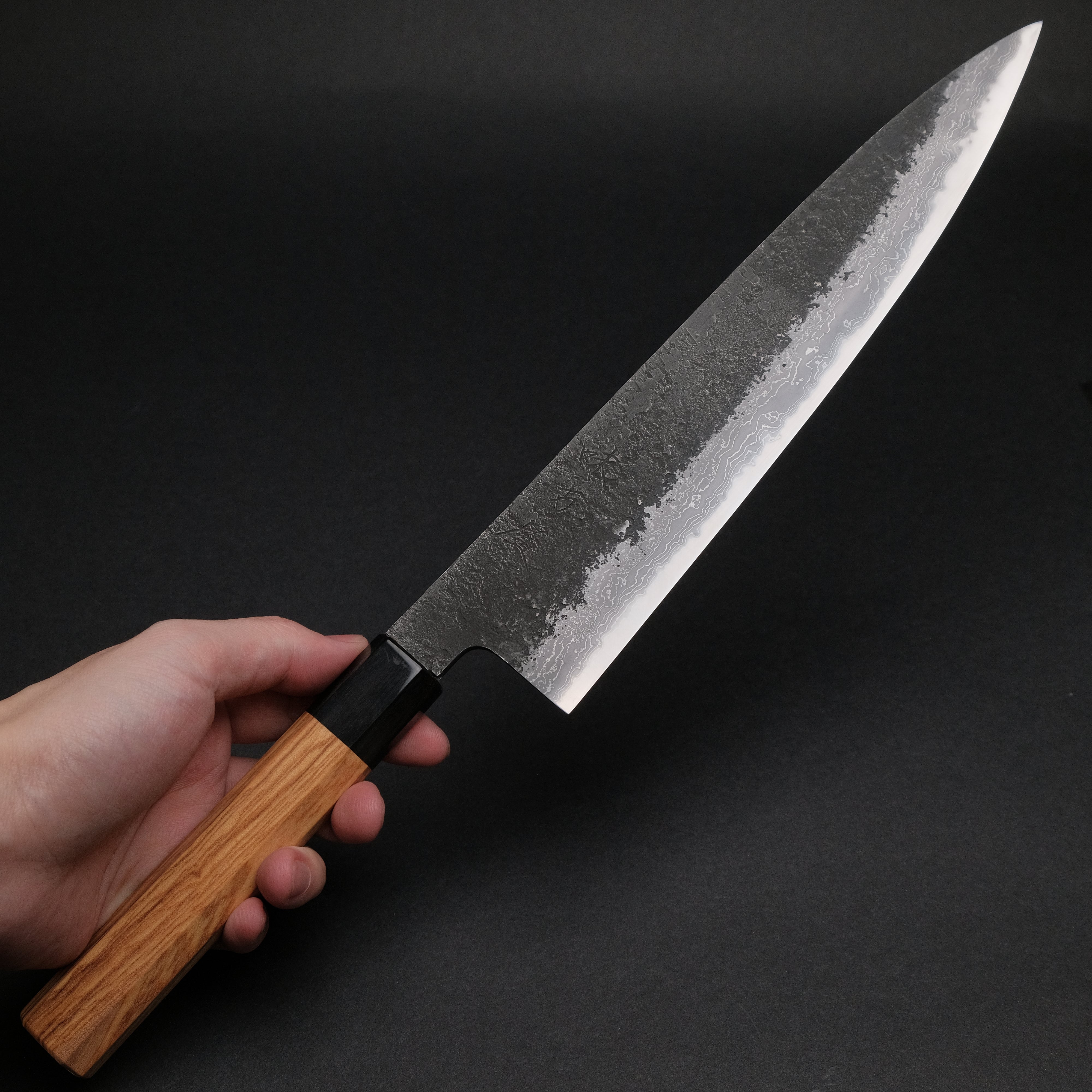 Premium Ajikataya White #2 Nashiji Damascus Gyuto 240mm Japanese Chef Knife - Olive Wood & Buffalo Horn Handle - Perfect for Sushi, Meat Slicing & Professional Kitchen Use