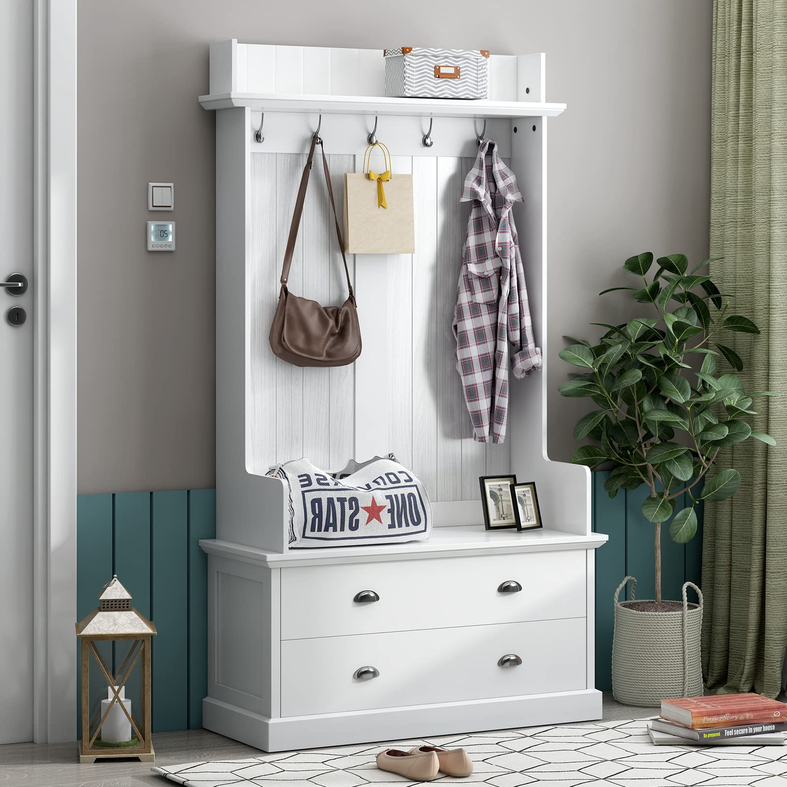 3-in-1 White Hall Tree with Bench, 2 Drawers & 5 Double Hooks - Entryway Storage Bench with Coat Rack for Mudroom & Hallway Organization (38.5