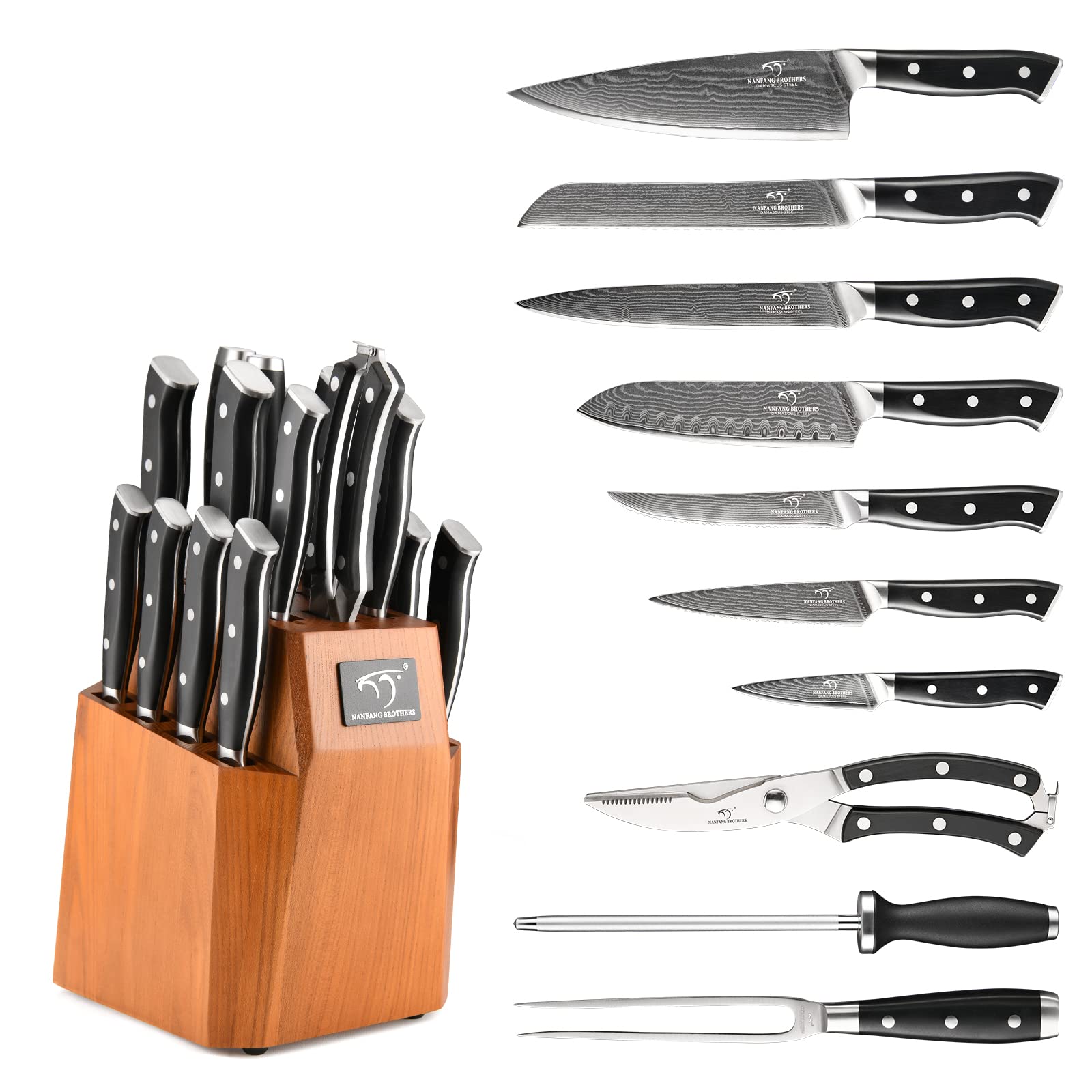 Premium 18-Piece Damascus Steel Kitchen Knife Set with Wooden Block - Chef Knives, Utility Knives, Paring Knives, Knife Sharpener & Kitchen Shears - Ergonomic ABS Handles for Professional Cooking & Home Kitchen Use - Perfect Gift for Chefs & Cooking Enthusiasts