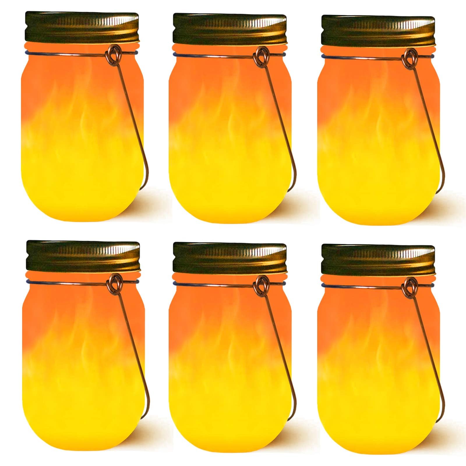 6-Pack Solar Mason Jar Lights with Amber Flame Flicker - Outdoor Hanging Lanterns for Garden, Patio & Wedding Decor - Includes Glass Jars & Hangers - Solar Powered Weatherproof Lighting for Backyard, Pathway & Party Decorations