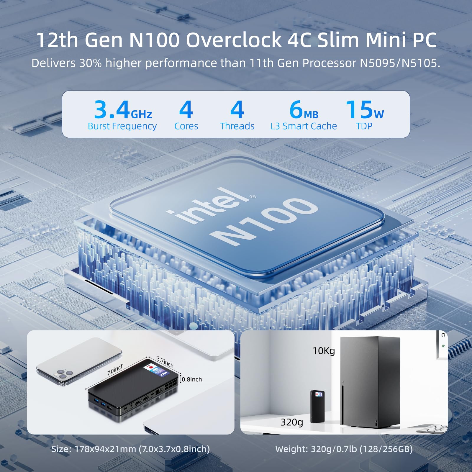 MeLE Overclock4C Mini PC - Intel 12th Gen Alder Lake-N100 Processor (Up to 3.4GHz, 4C/4T), 32GB DDR4 RAM, 512GB SSD - 4K Triple Display Micro Desktop Computer with USB-C, USB 3.2, WiFi, Bluetooth & Ethernet - Perfect for Business, Home Office & Gaming